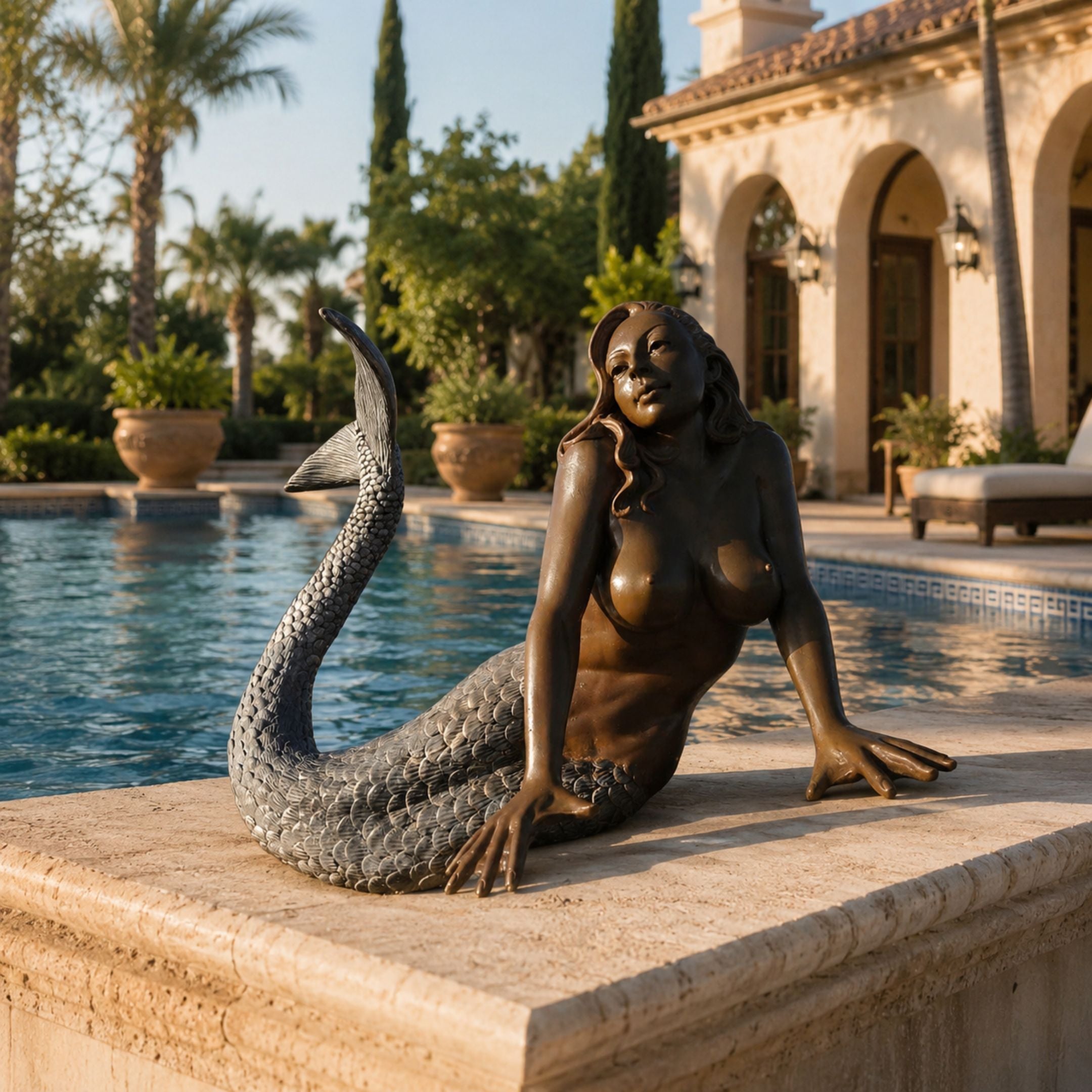 Life-Size Classical Reclining Mermaid Bronze Sculpture by Giant Sculptures on a travertine pool edge, two-tone brown torso and silver scaled tail curving upward.