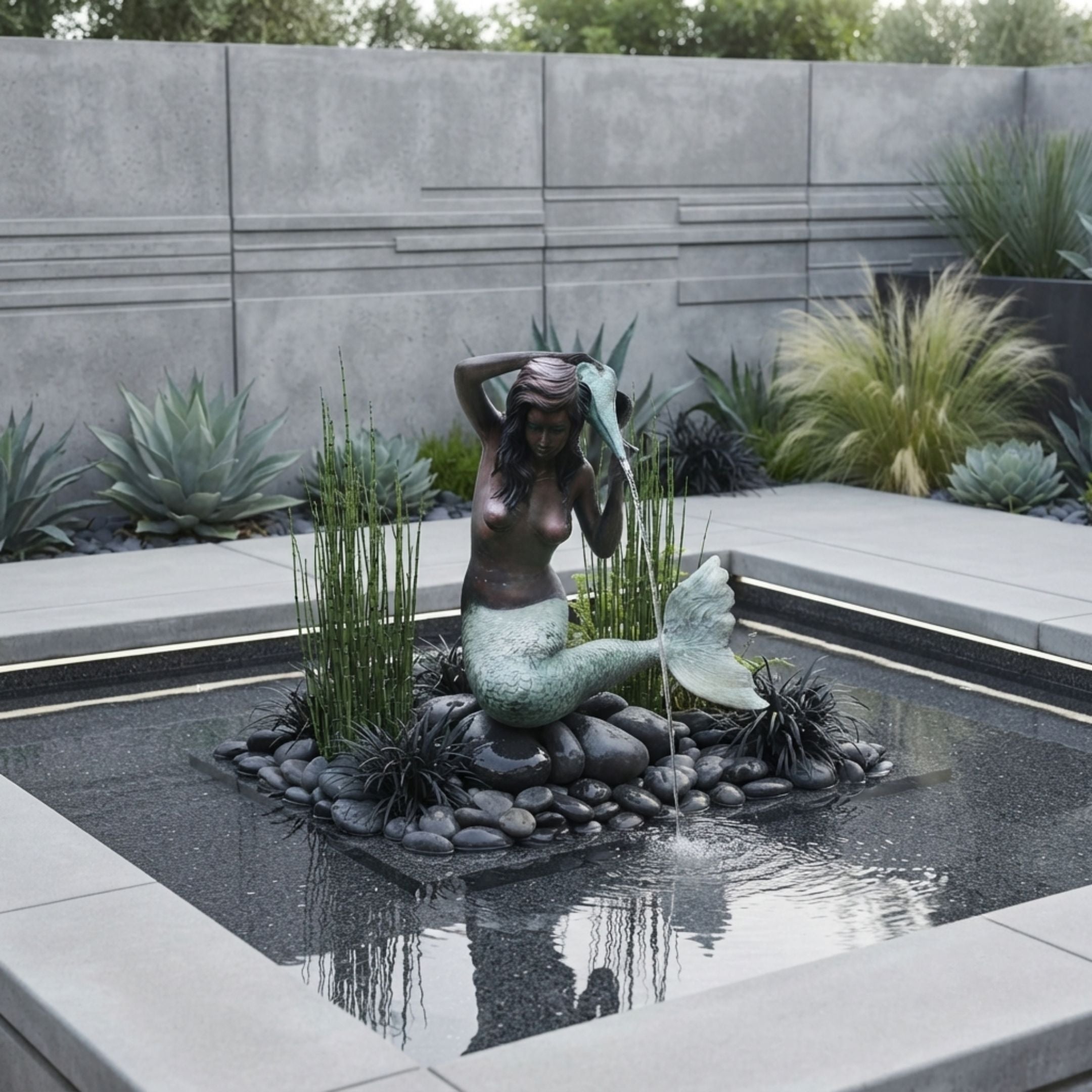 Life-Size Classical Seated Mermaid Bronze Fountain by Giant Sculptures, two-tone patina figure on black pebbles in a square pond within a modern concrete garden.