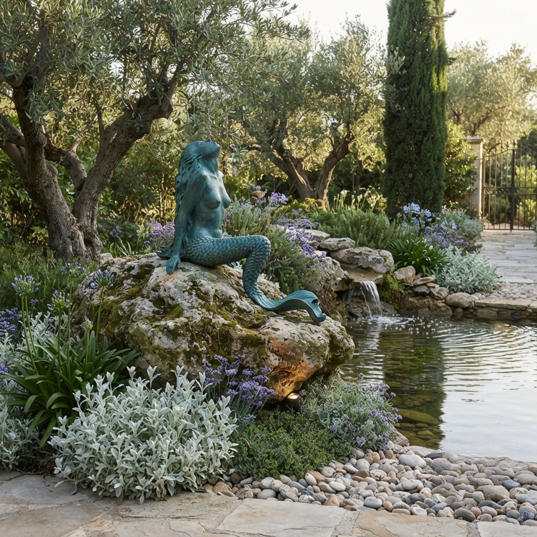 Life-Size Classical Seated Mermaid on Rock Bronze Sculpture by Giant Sculptures with verdigris patina, seated on a mossy boulder beside a garden pond with olive trees.
