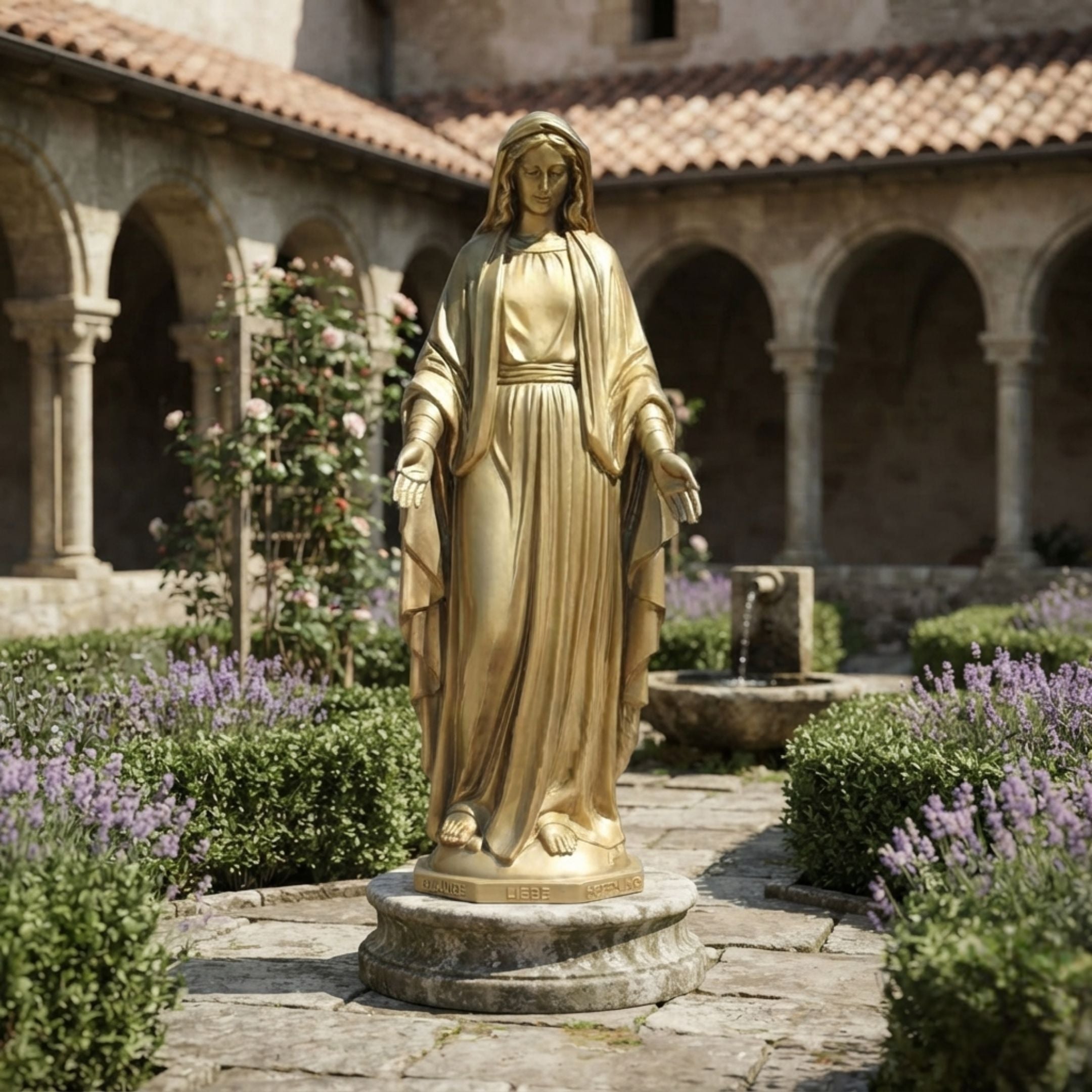 Life-Size Classical Virgin Mary Bronze Statue, 250cm, gold-toned finish with arms outstretched, displayed on a stone base in a garden cloister courtyard.