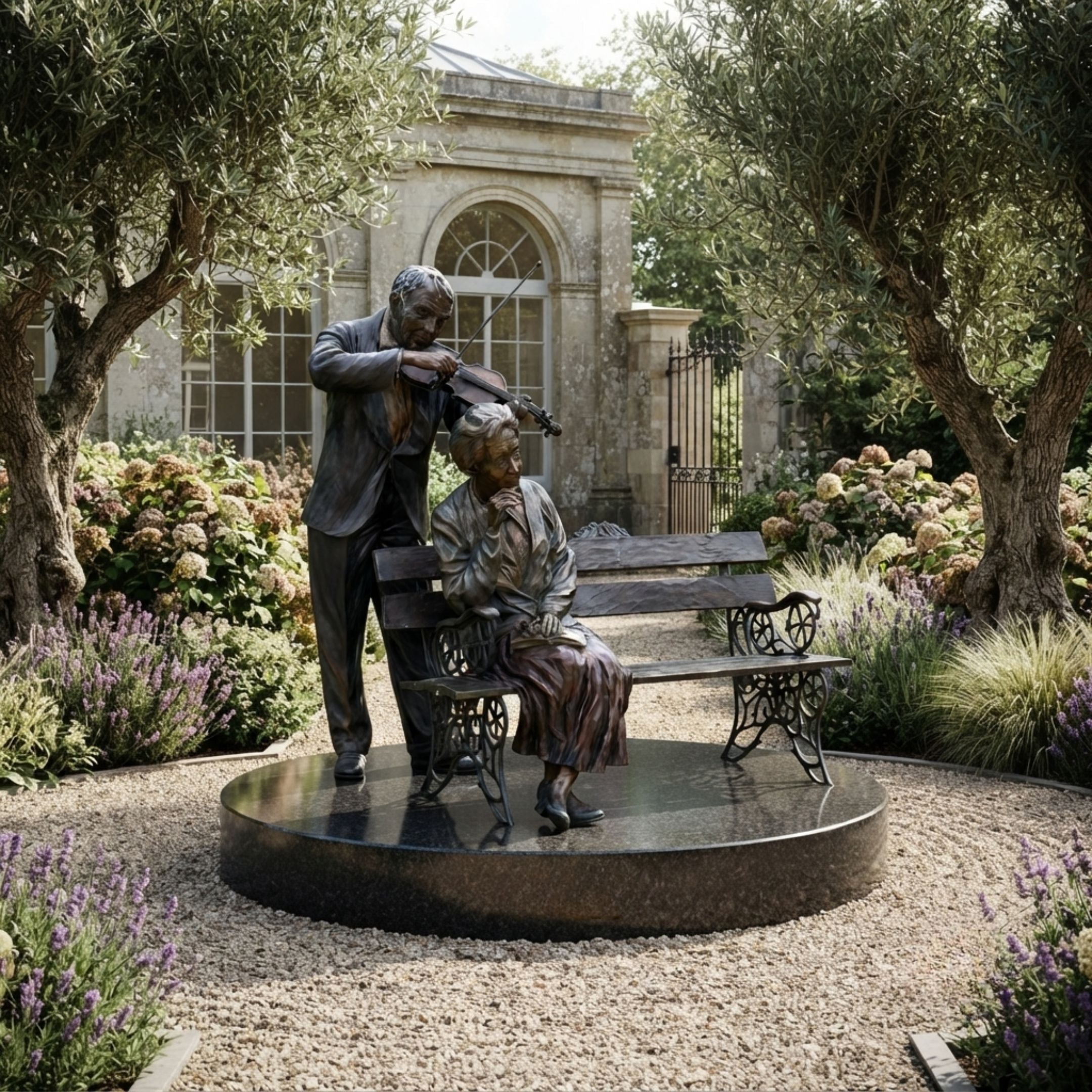 Life-Size Contemporary Violinist and Seated Listener Bronze Sculpture by Giant Sculptures on a round plinth in a garden with olive trees and lavender.