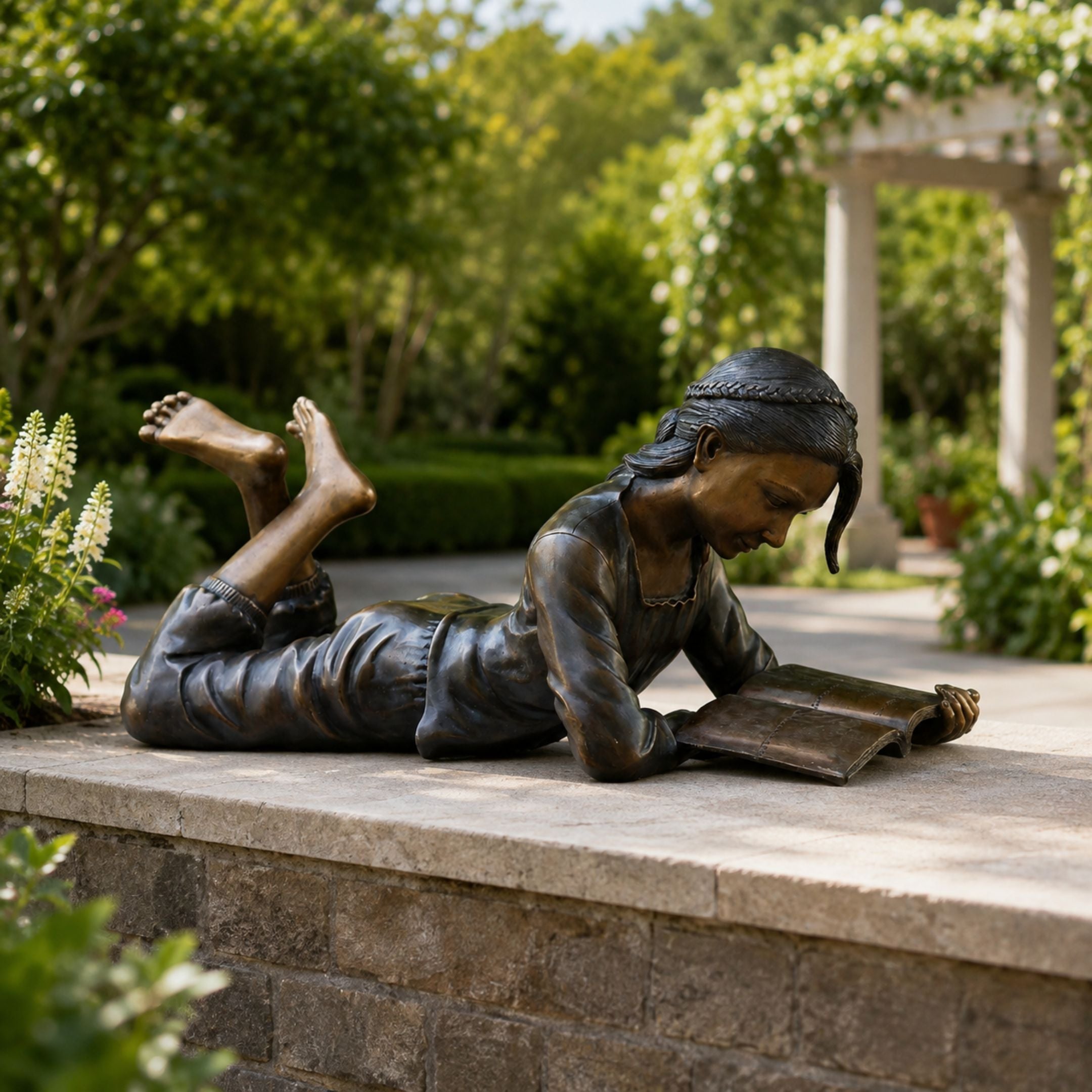 Life-Size Girl Reading Book Bronze Sculpture, 130cm, shown lying prone on a stone ledge in a garden setting with greenery and a pergola behind.