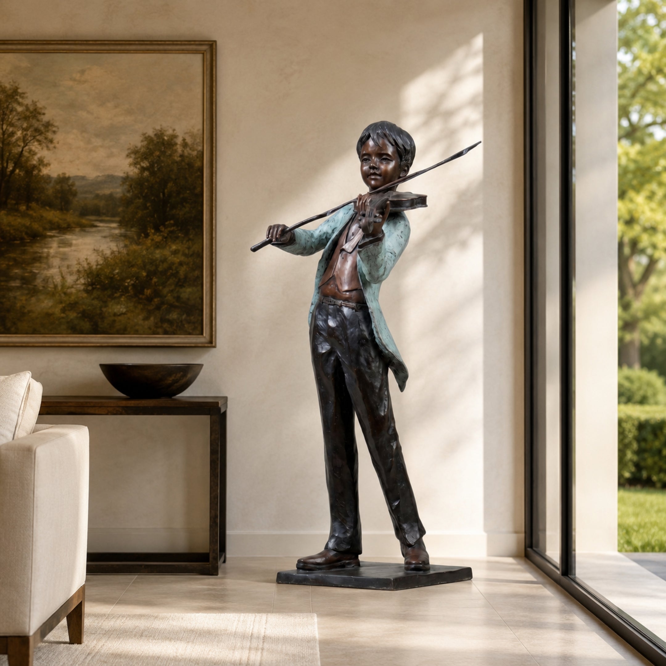 Life-Size Traditional Boy Violinist Bronze Statue by Giant Sculptures, 170cm figure with verdigris jacket and dark patina, displayed in a sunlit room beside landscape art.