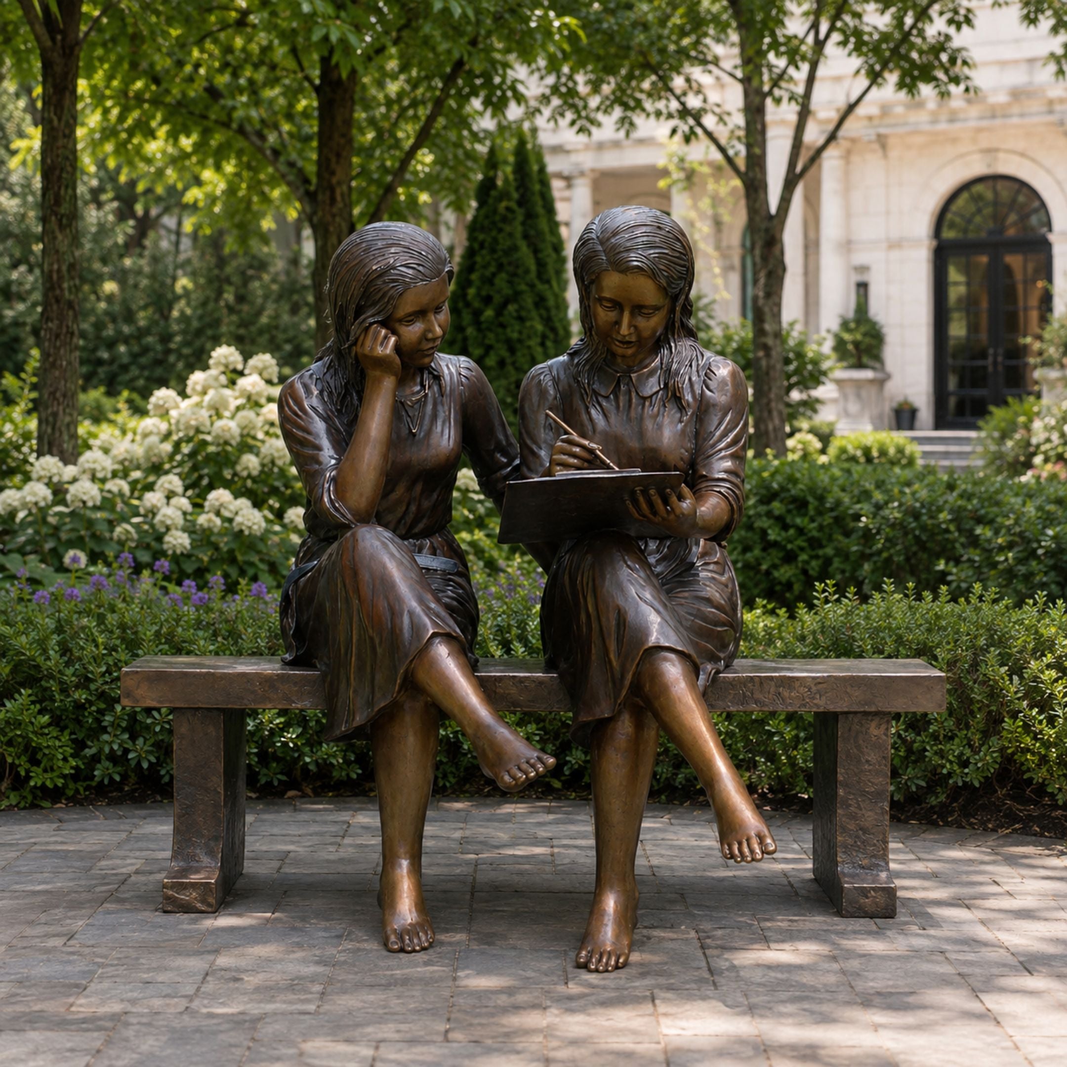 Life-Size Traditional Girls on Bench Bronze Sculpture, 170cm, two barefoot girls writing in a book on a bench, set in a garden with greenery and a building behind.