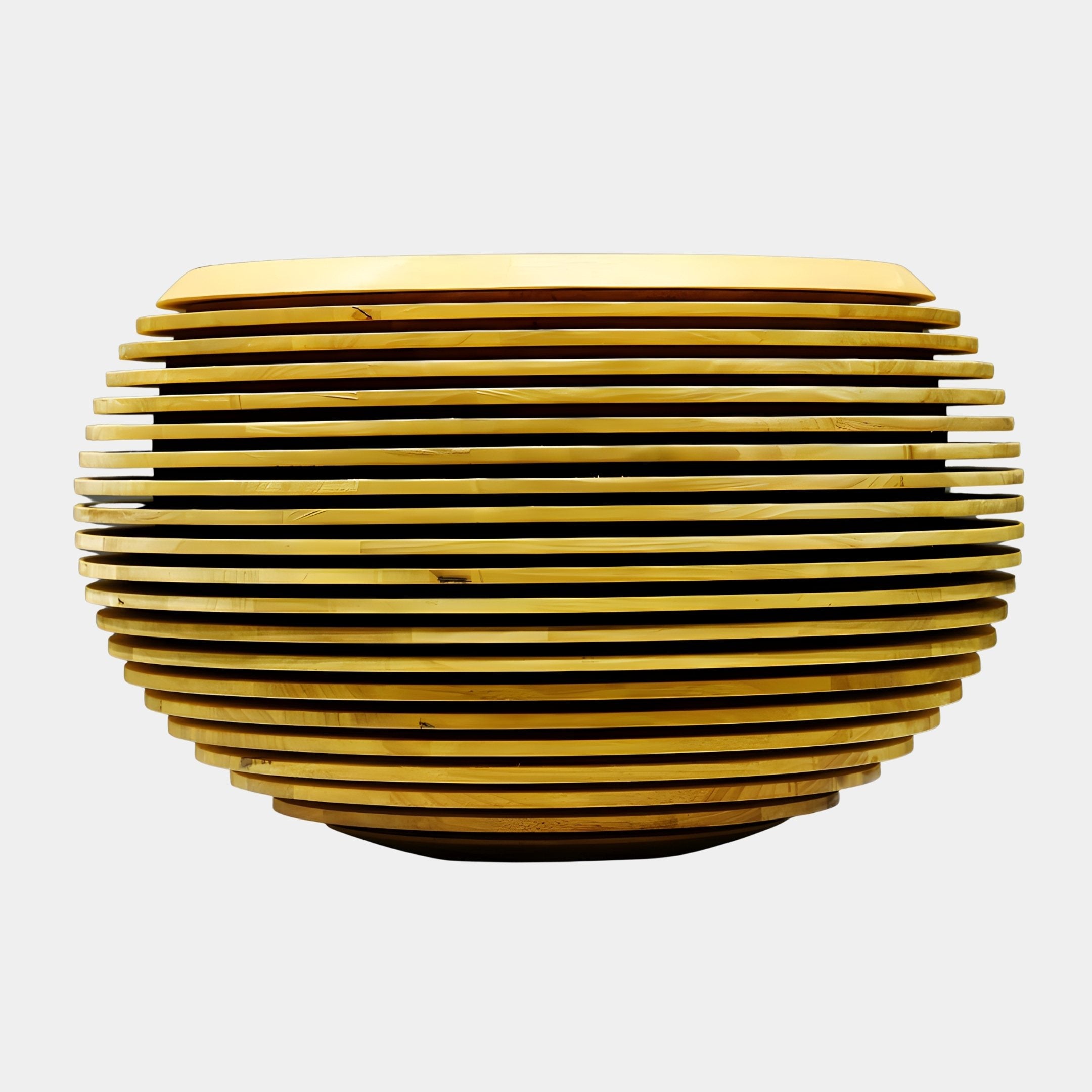 Solar Ring Gold Abstract Wood Sculpture by Giant Sculptures, a low globe form built from stacked horizontal gold wood rings, shown against a plain white background.