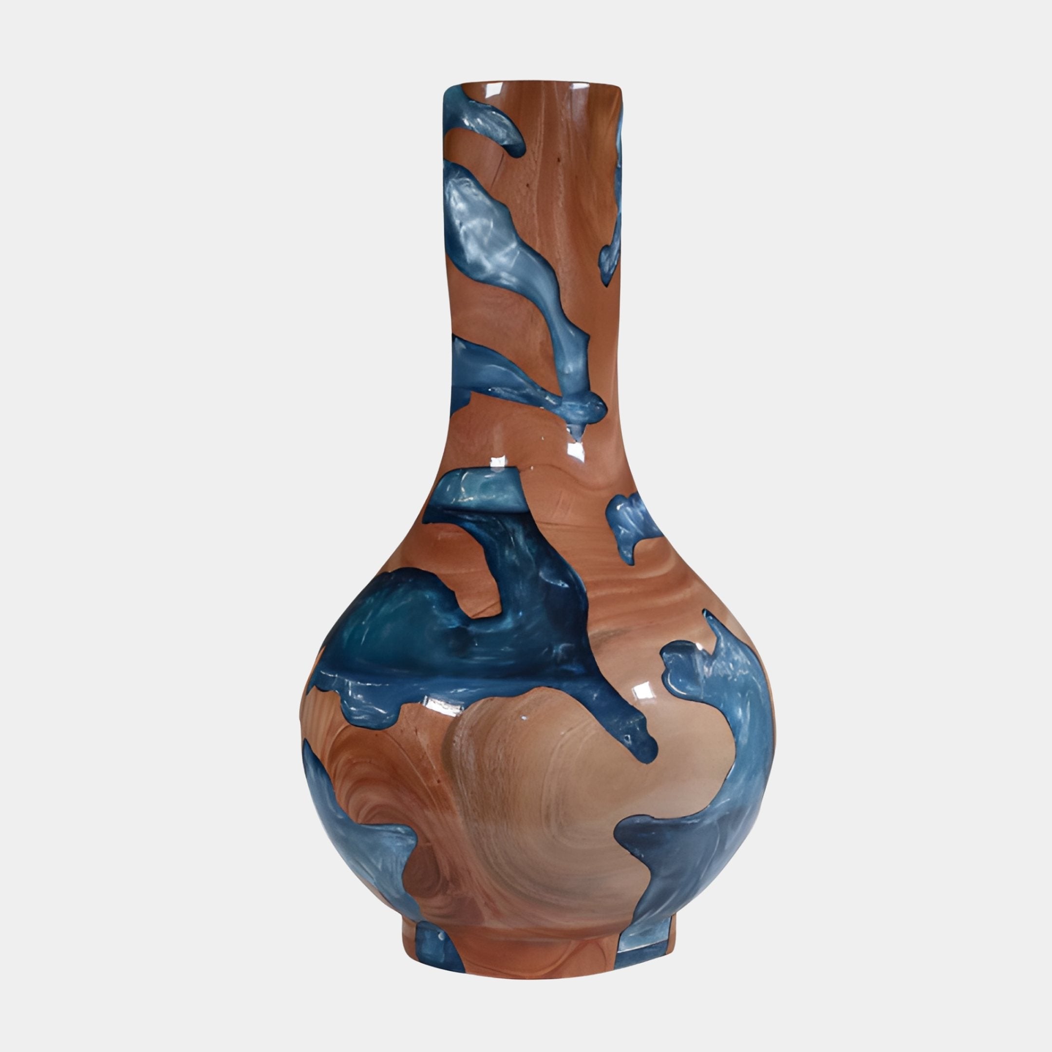 Long Neck Blue Resin Wood Vase 70cm by Giant Sculptures, a hand-turned terracotta-toned bottle-form vase with glossy blue resin splash patterns, on a white background.