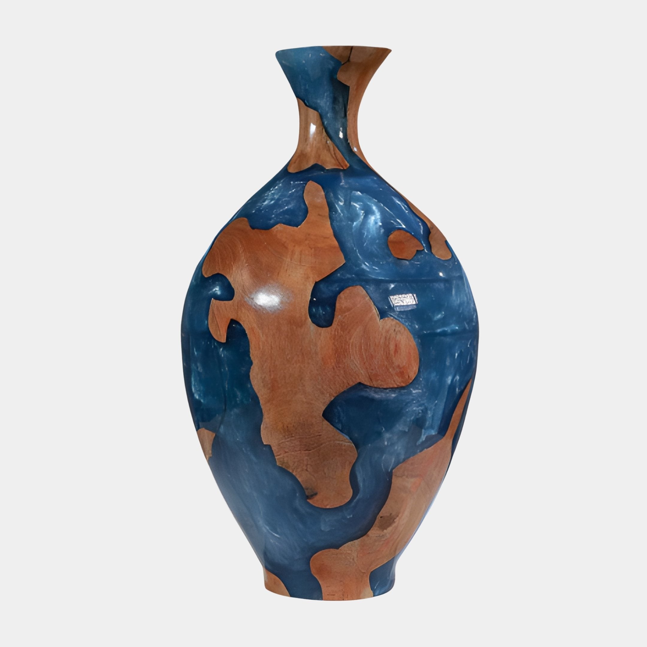 Giant Sculptures Amphora Blue Resin Wood Vase 70cm with reddish-brown hand-turned body and deep blue resin patches forming continent-like shapes, on a plain background.