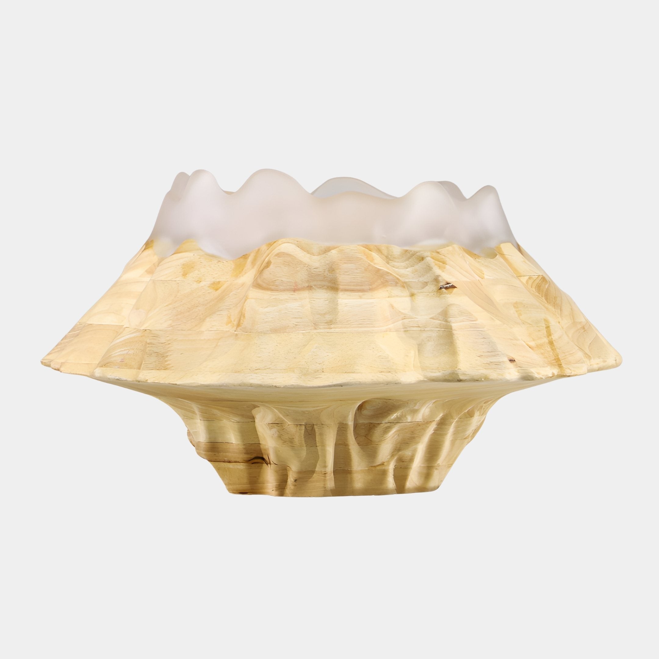 Snowcap Ripple White Resin Wood Bowl from Giant Sculptures, a pale honey wood pedestal bowl topped with a frosted white rippled resin rim, on a plain background.