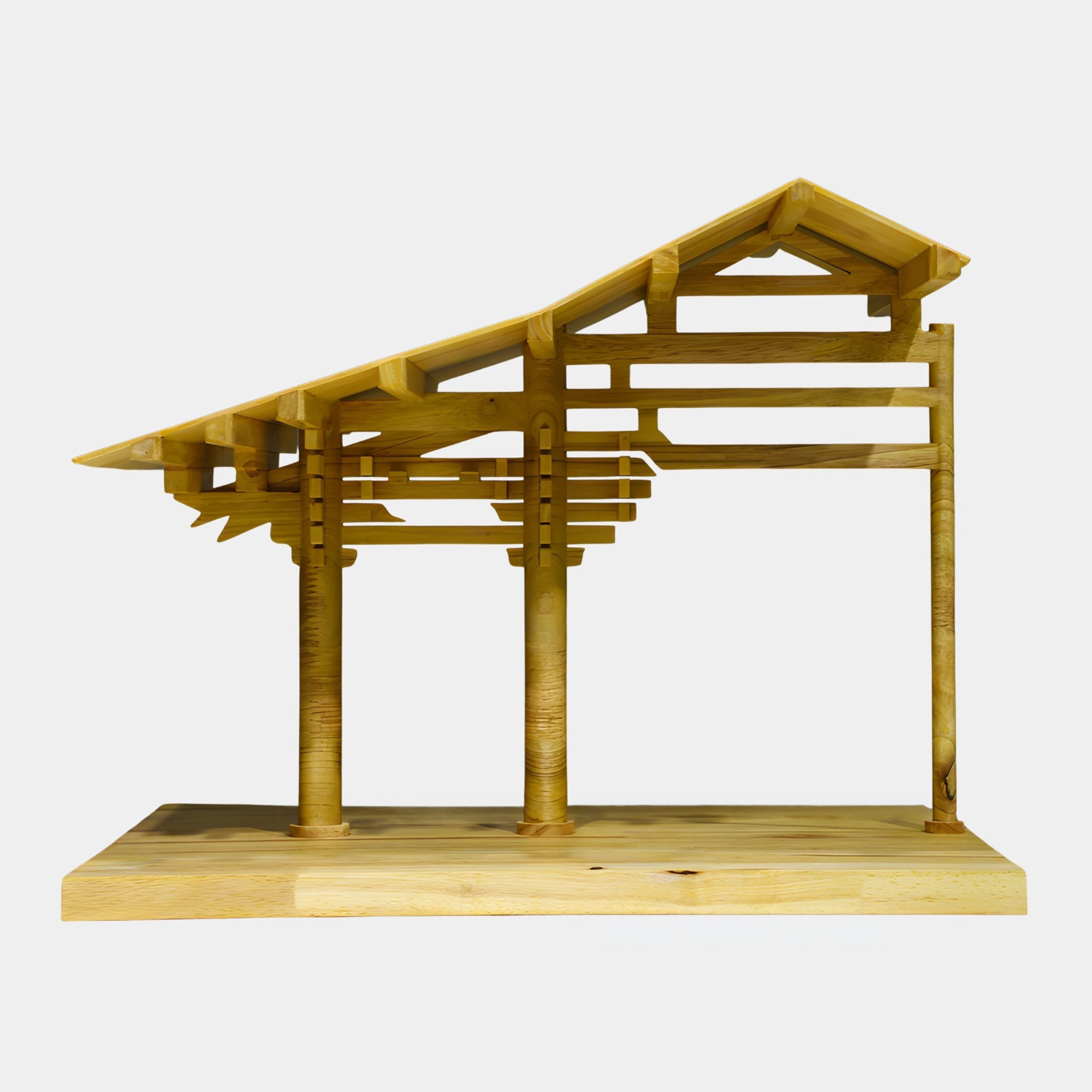 Giant Sculptures Temple Canopy Abstract Wood Sculpture 45cm shown in side profile, with sloping rafter roof, two columns and rear post on a wood base.