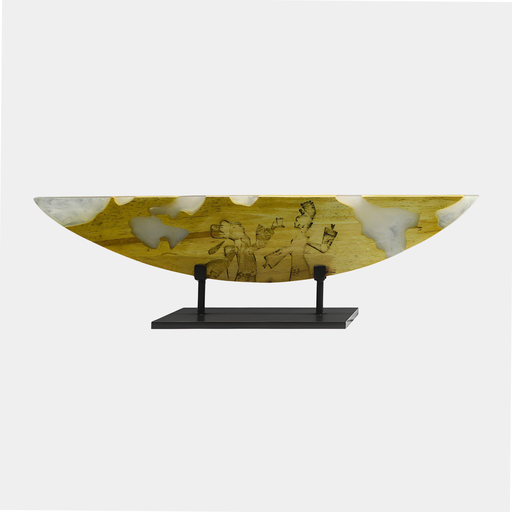 Crescent Gold Abstract Wood Sculpture 60cm by Giant Sculptures, honey-gold wood with pale resin inlays and an etched figurative scene, on a black metal stand.