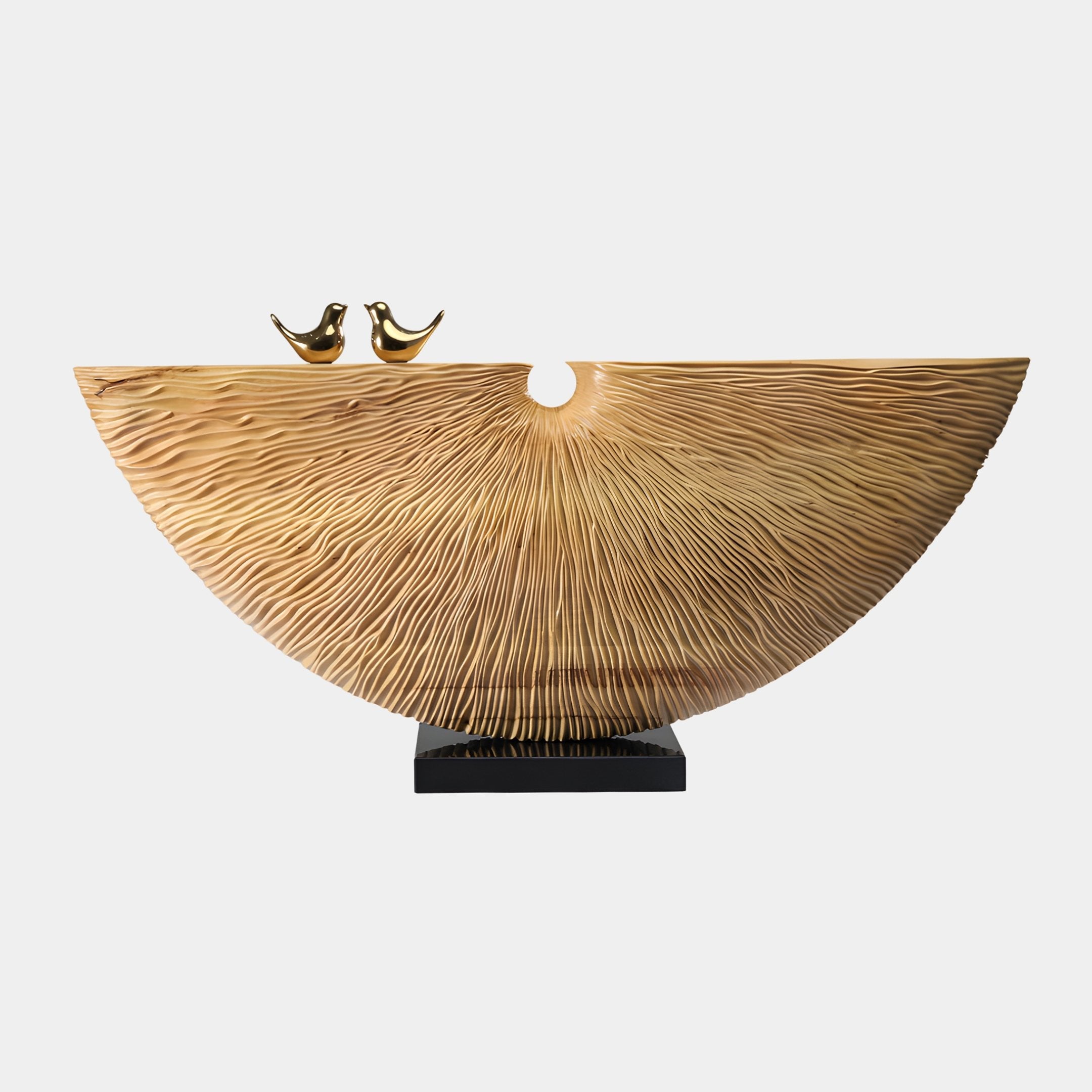 Crescent Golden Lovebird Abstract Wood Sculpture by Giant Sculptures, 110cm carved fan with radiating rays and two gold lovebirds on a black plinth.