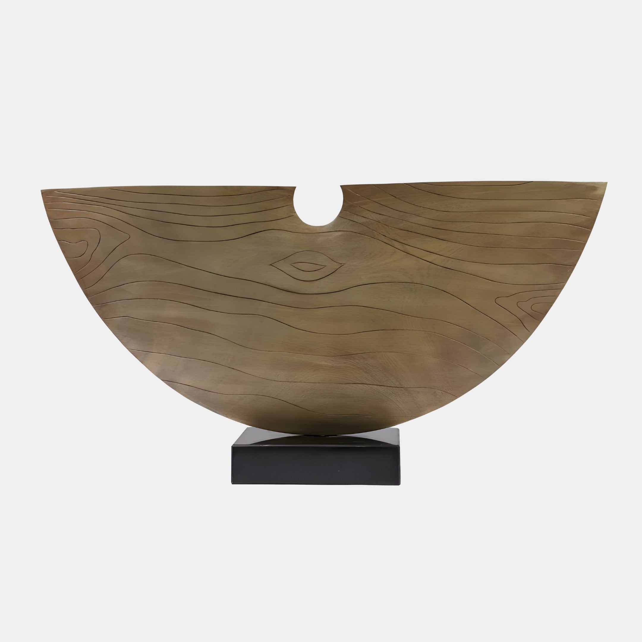 Crescent Soleil Bronze Abstract Wood Sculpture by Giant Sculptures, a half-circle bowl form with flowing contour-line carvings on a black plinth.