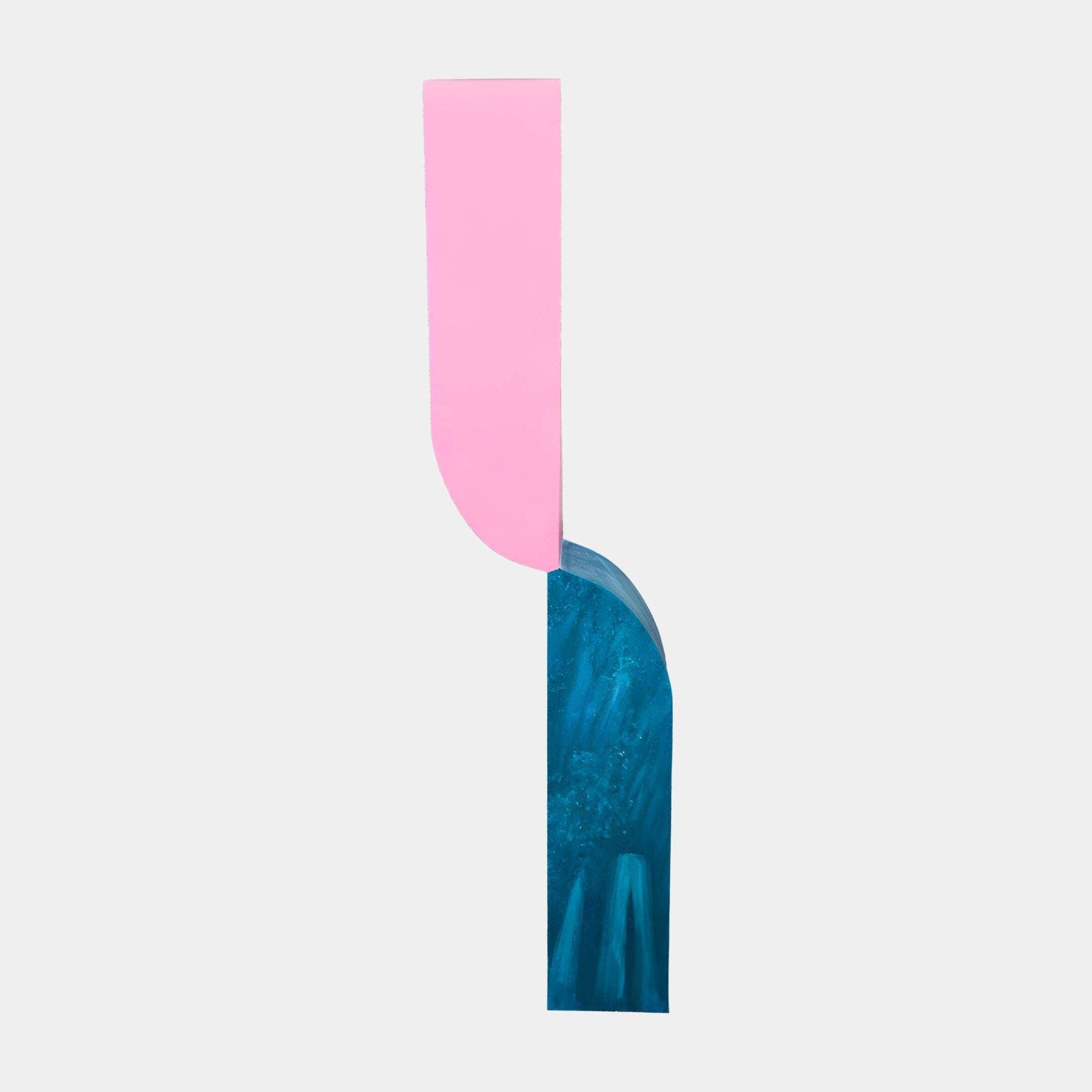 Arch Duo Pink Blue Abstract Wood Sculpture by Giant Sculptures, a tall pink curled slab paired with a streaked teal arch block on a white background.