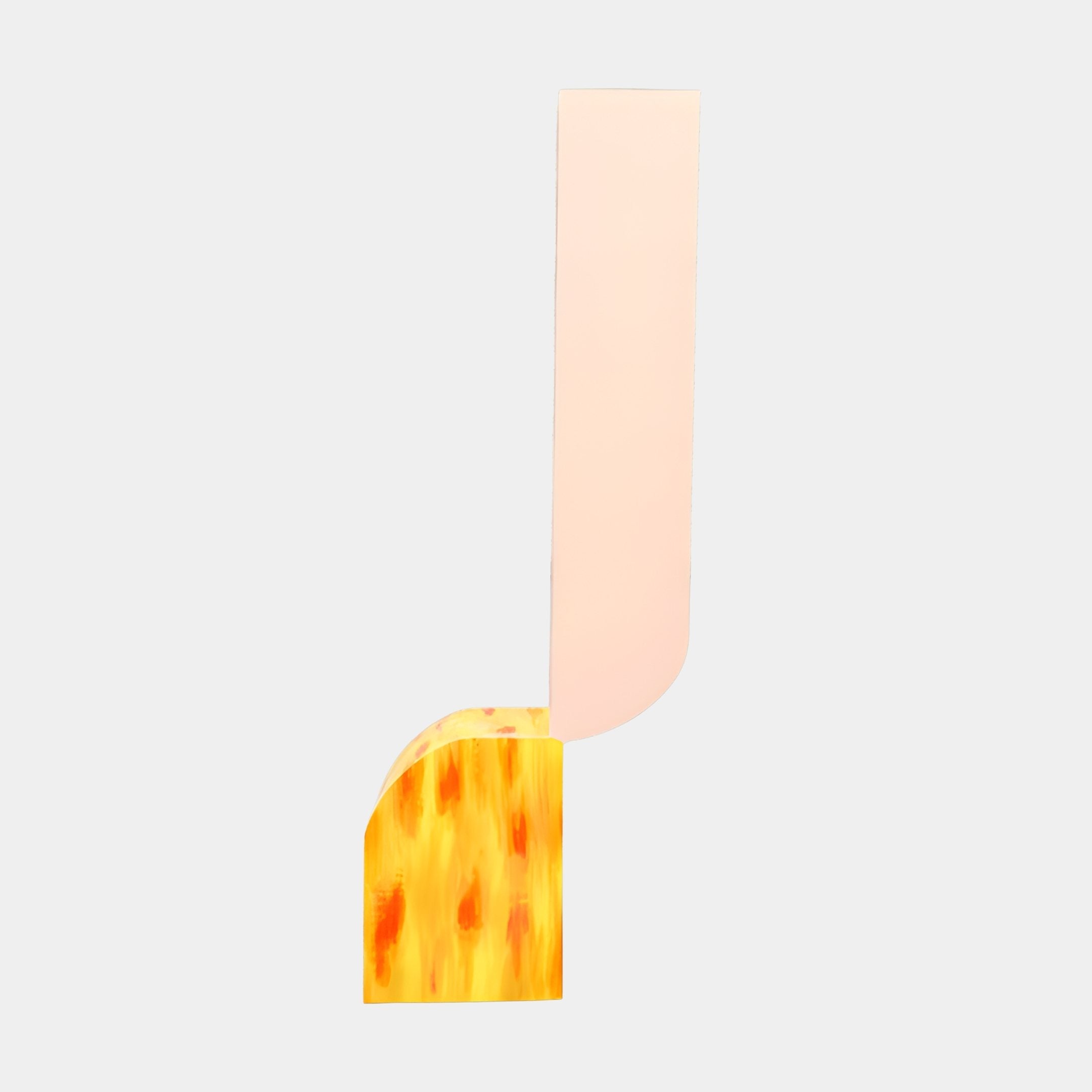 Arch Duo Blush Amber Abstract Wood Sculpture by Giant Sculptures, pairing a tall blush-pink slab with a mottled amber-orange half-arch block on a white background.