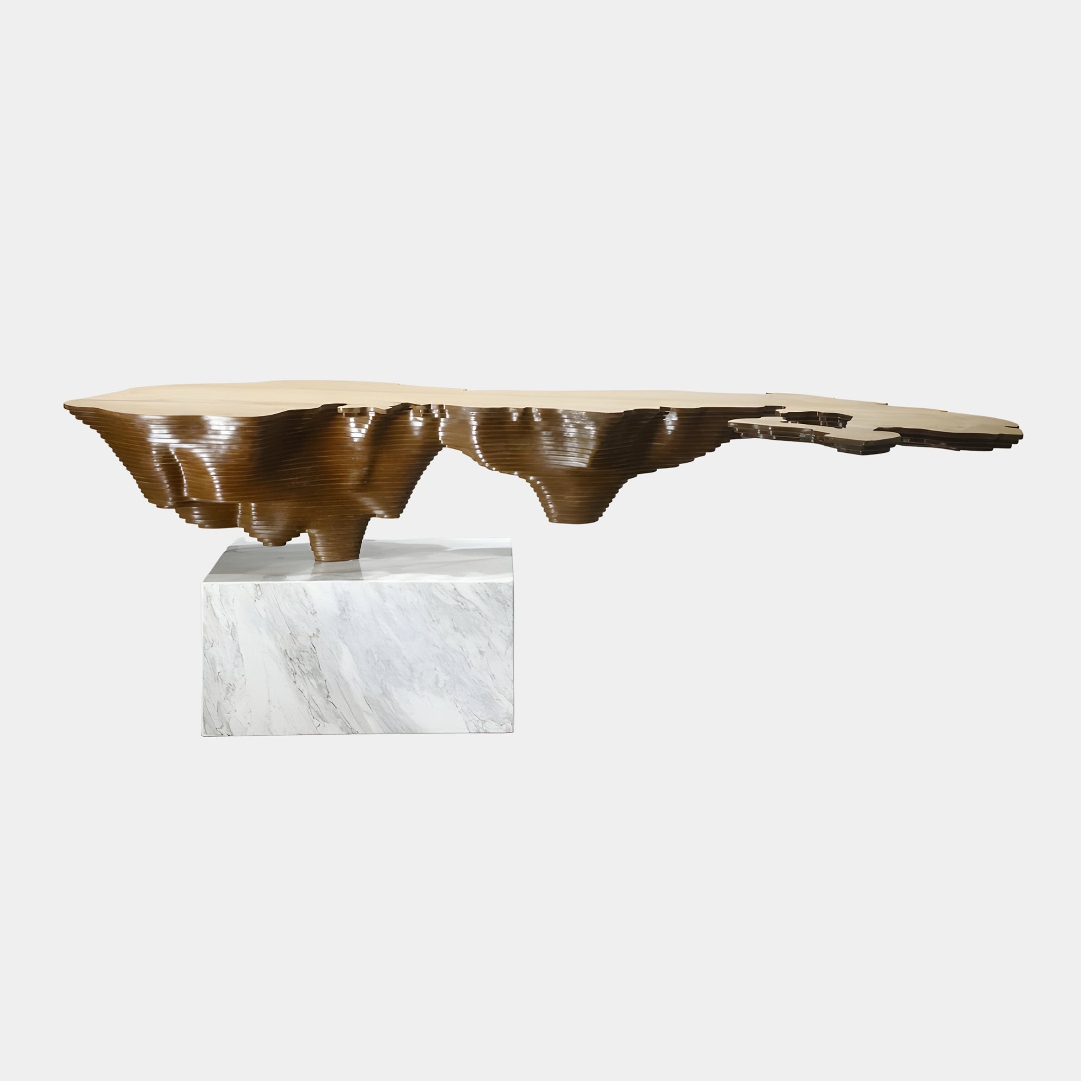 Canyon Wing Walnut Abstract Wood Sculpture 120cm by Giant Sculptures, honey wood top over dark fluted walnut ribs on a white marble cube plinth.