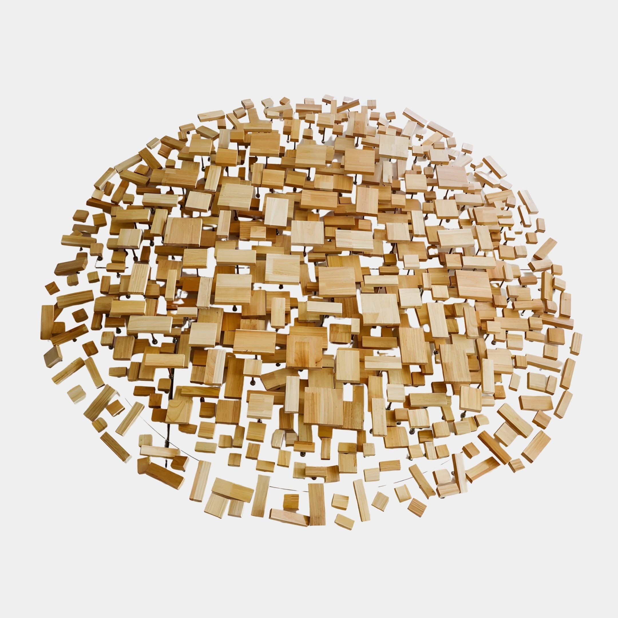 Giant Sculptures Pixel Cloud Abstract Wood & Acrylic Wall Sculpture 220cm, circular cloud of pale natural wood blocks floating on acrylic rods, plain white background.