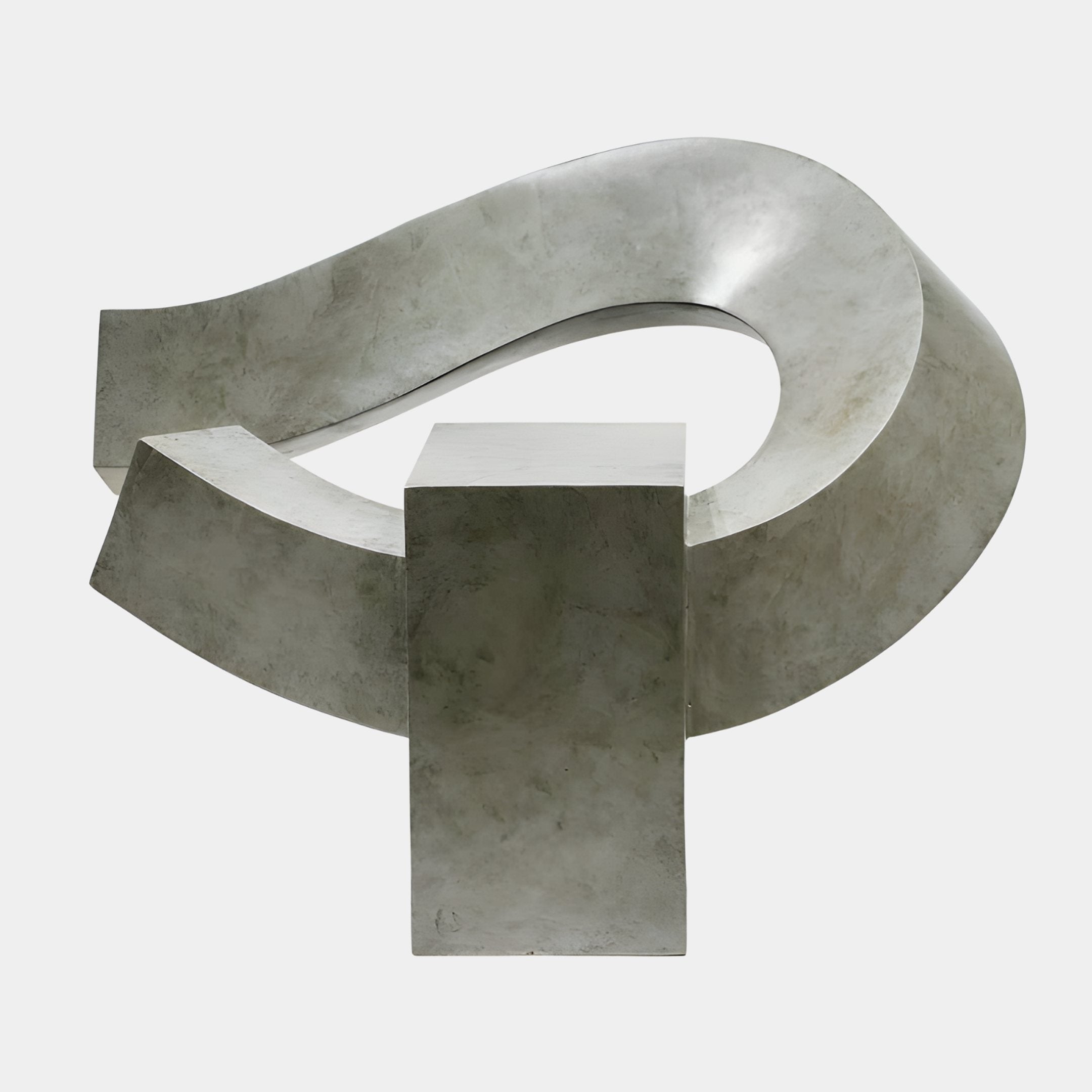 Orbit Loop Grey Abstract Wood Sculpture by Giant Sculptures, a 61cm looping ribbon in mottled grey threaded through a rectangular block, on a plain background.