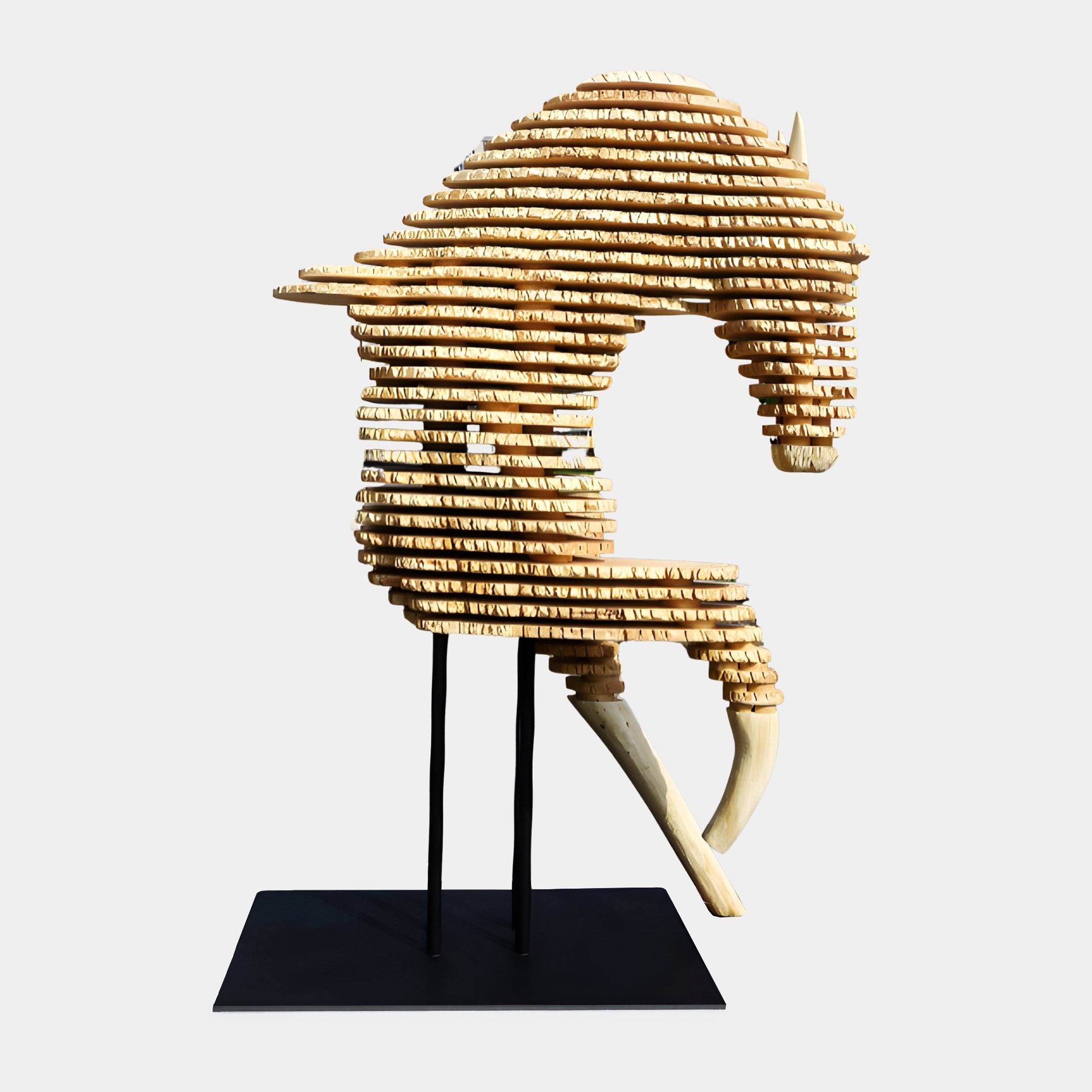 Giant Sculptures Stacked Stallion Abstract Wood Sculpture 190cm, a rearing horse silhouette built from stacked blonde wood discs on a black metal base.