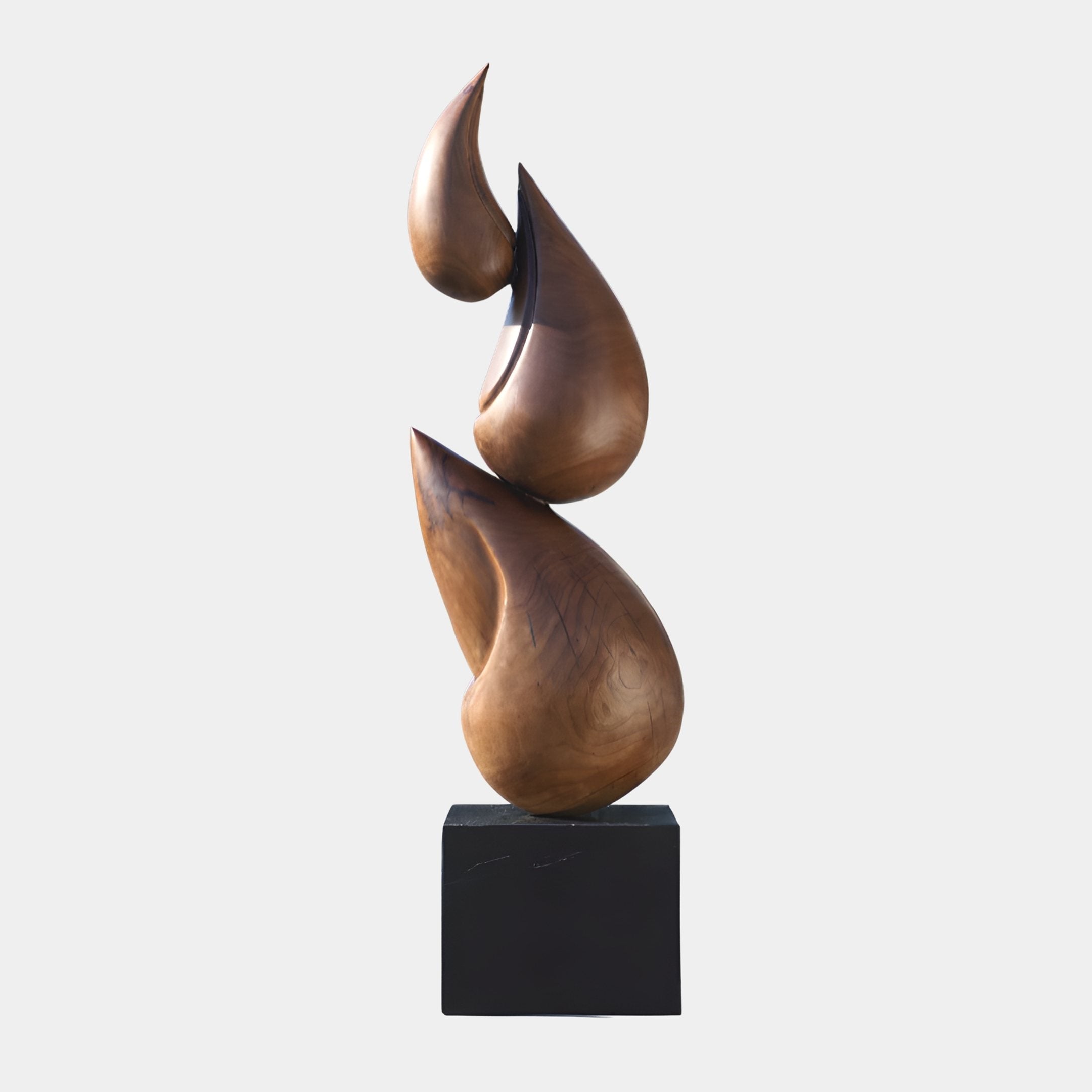 Giant Sculptures Twin Flame Bronze Abstract Wood Sculpture 165cm, stacked teardrop and flame forms in warm bronze tones on a black plinth, plain background.