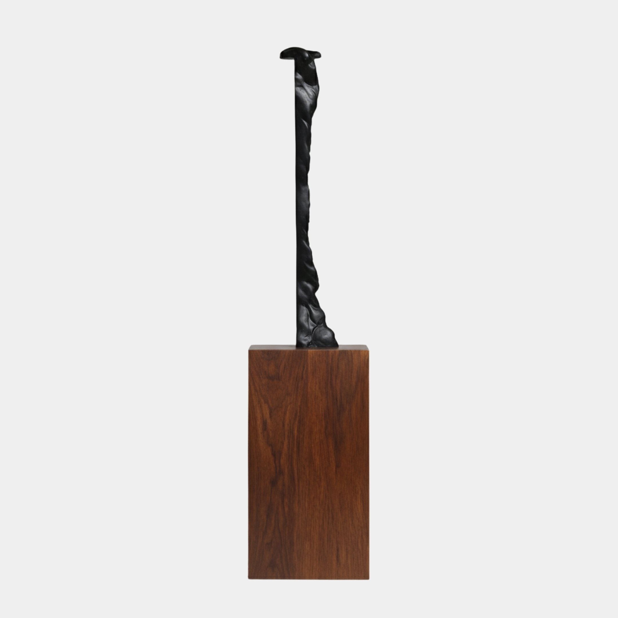 Sentinel Black Twisted Rod Wood Sculpture 170cm by Giant Sculptures, a matte-black spiralled rod with small crest atop a walnut plinth on a white background.