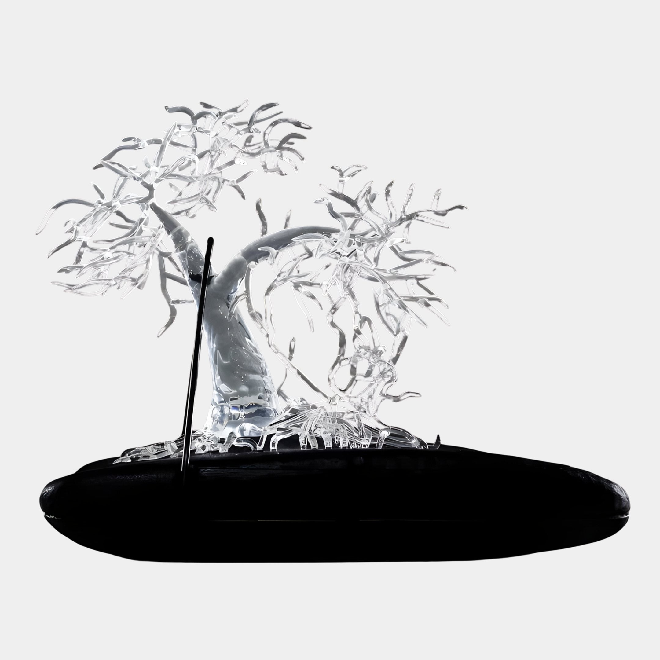 Crystal Bonsai Clear Resin Abstract Wood Sculpture by Giant Sculptures, a 50cm clear resin tree with curving trunk and crystalline canopy on a black oval base.