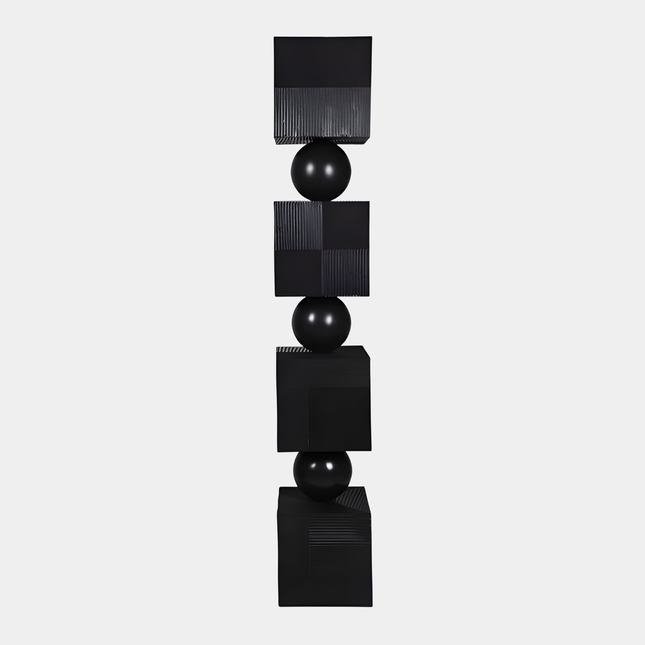 Cube Sphere Black Abstract Wood Sculpture 180cm by Giant Sculptures, a matte black totem of four fluted cubes and three spheres stacked on a light background.