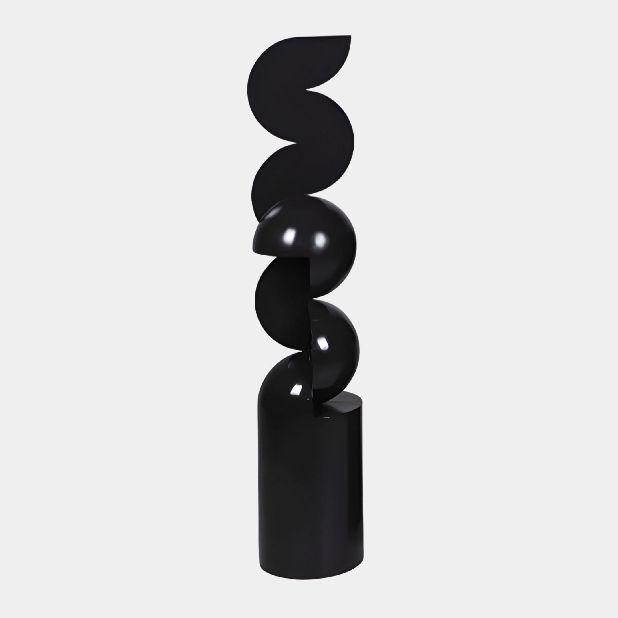 Sphere Spiral Black Abstract Wood Sculpture by Giant Sculptures, 120cm, glossy black stacked crescents and half-spheres spiralling above a cylindrical plinth on a light background.