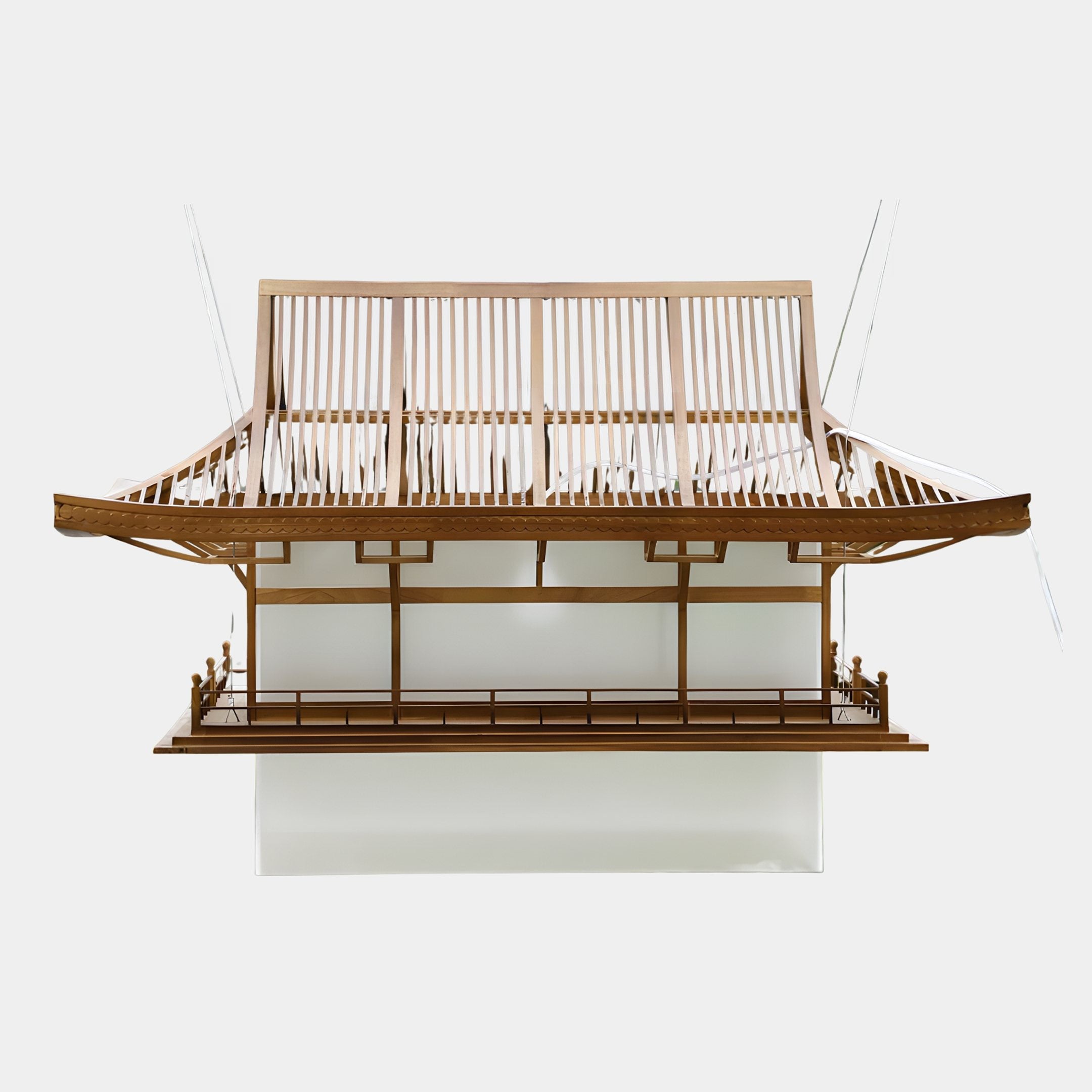 Temple Hall Copper Abstract Wood Hanging Sculpture by Giant Sculptures, front view showing slatted curved roof, railings, and white lantern core, on plain background.