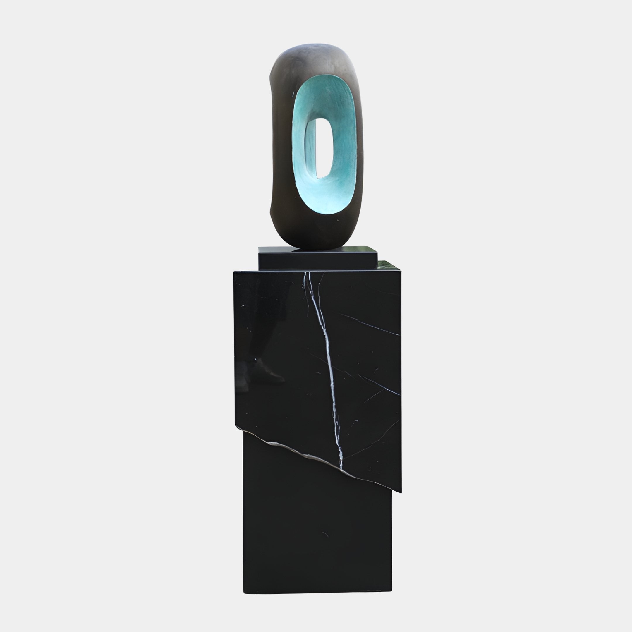 Bronze & Teal Oval Wood Sculpture on Black Marble by Giant Sculptures, upright oval with bronze exterior and teal cavity on offset stacked marble plinths.