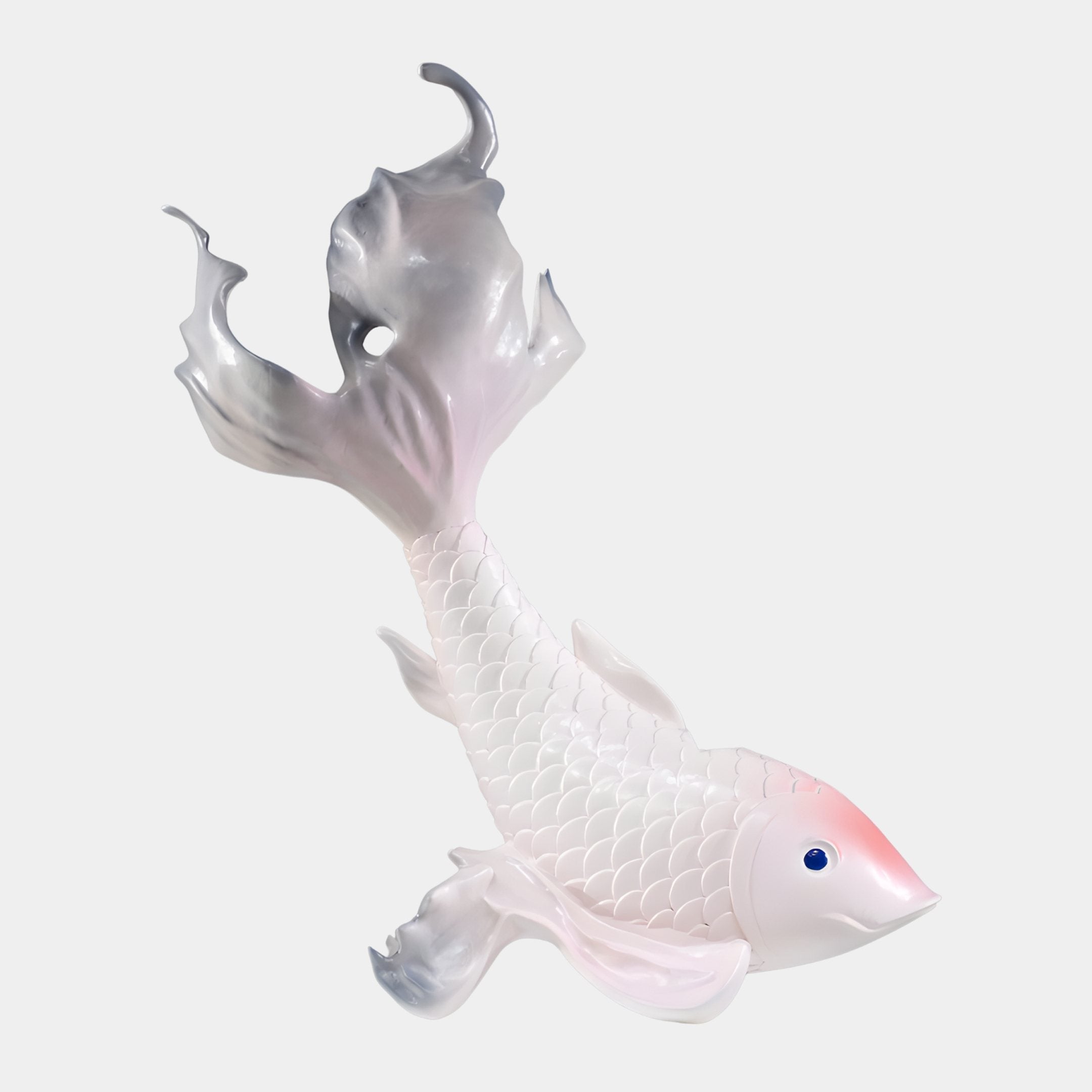 Pink & White 3D Printed Koi Fish Sculpture by Giant Sculptures, 78cm, shown diving with pale pink scales and a marbled grey splash plume on a white background.
