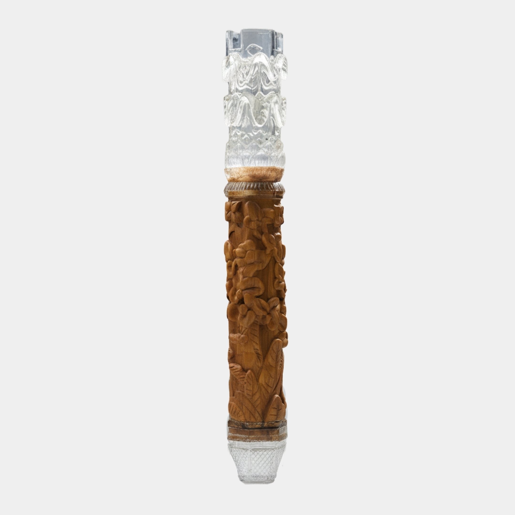 Giant Sculptures Hanging Carved Wood & Clear Resin Floral Vine Column 120cm, warm brown hand-carved botanical relief between clear resin capital and base, on white.