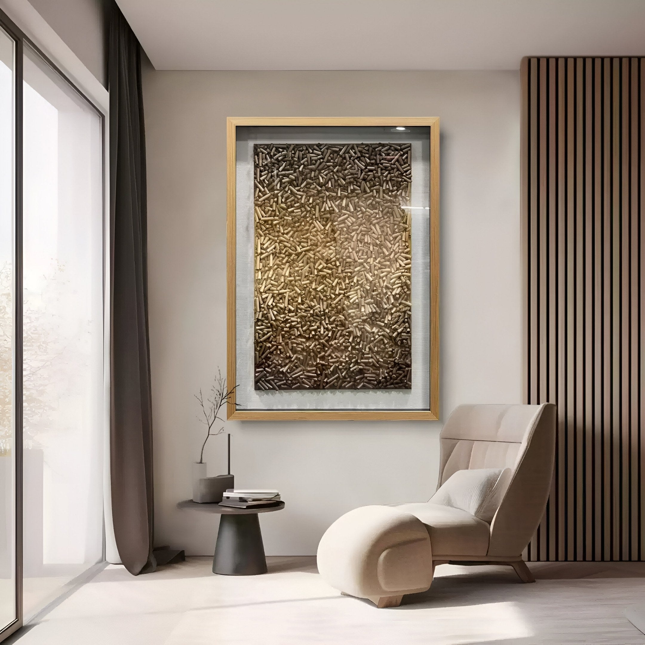 A modern living room corner features a beige chaise lounge, a round black side table, a vase with twigs, and Brivora Golden Bronze Gradient Textured 3D Wall Art by Giant Sculptures. Sunlight pours in through a glass door.