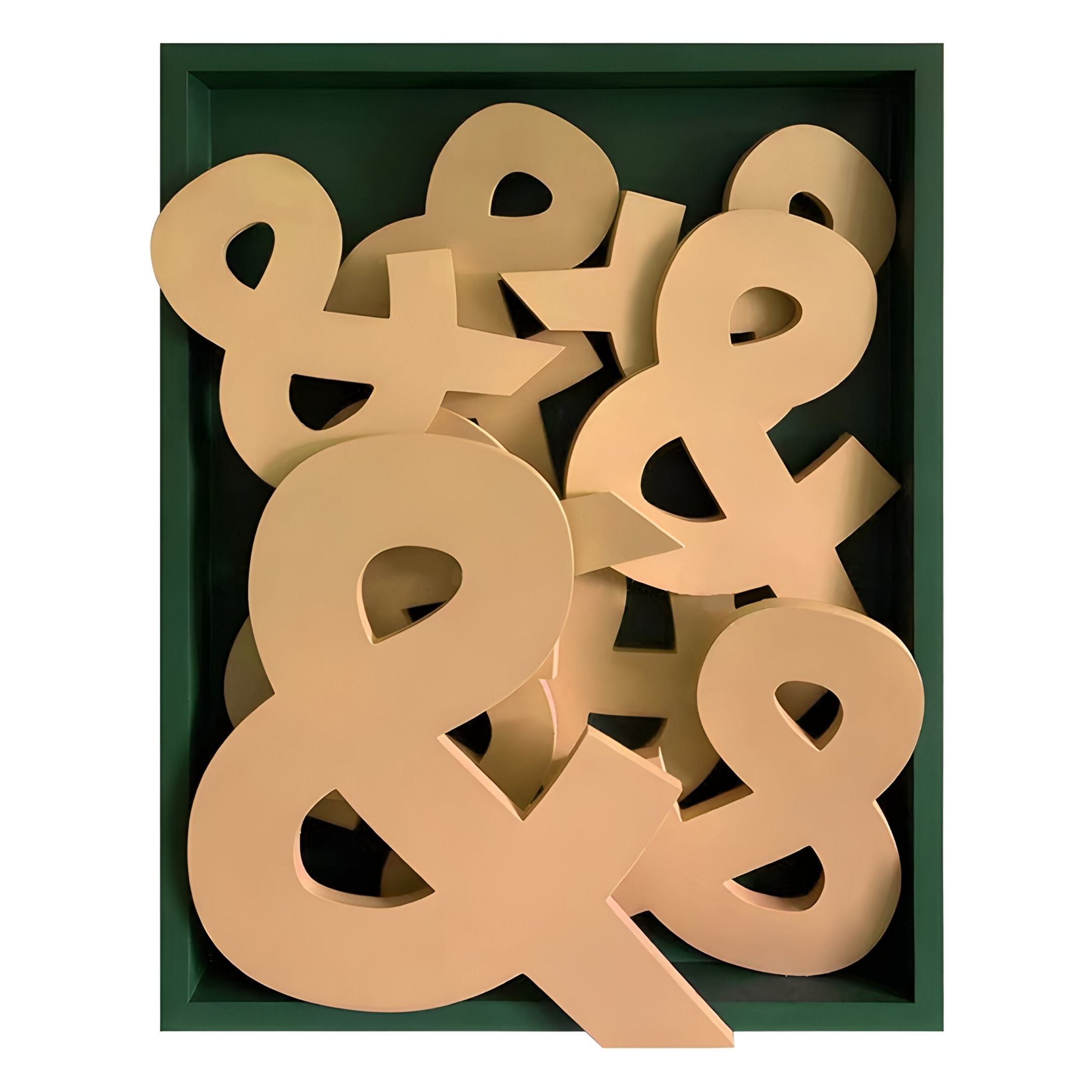 The Typova Mustard Ampersand Wood Carving 3D Wall Art by Giant Sculptures features layered beige ampersands in a green frame—an eye-catching, contemporary accent for unique wall decor lovers.