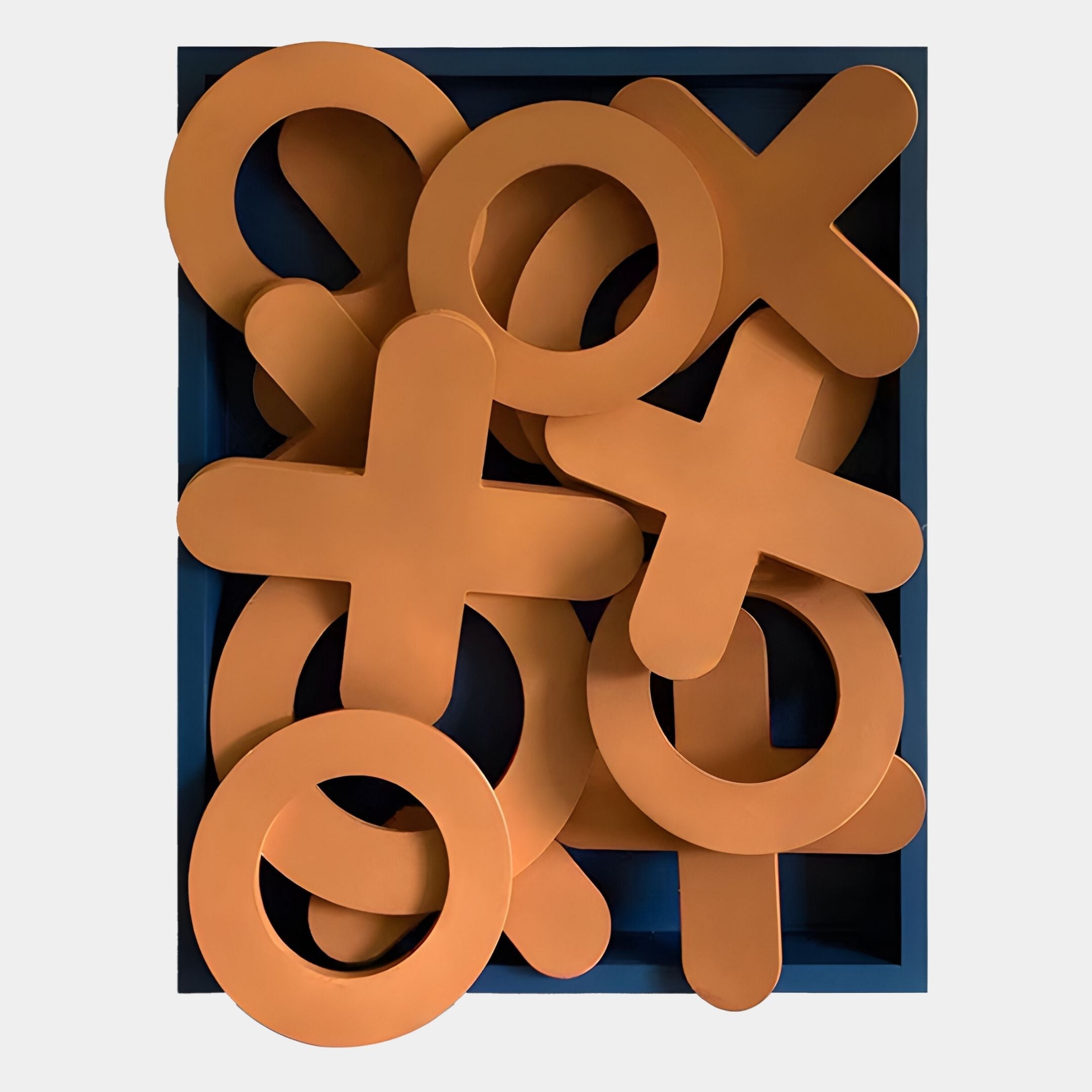 The Typova Burnt Orange X&O Wood Carving 3D Wall Art by Giant Sculptures features large, overlapping orange X and O pieces in a blue tray—perfect as striking Nordic decor or unique burnt orange wall art.