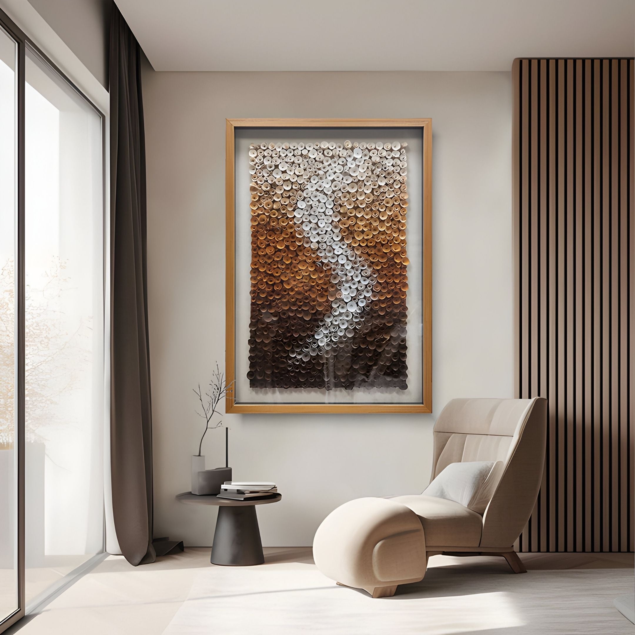 A modern living space with a beige lounge chair, round side table, and decor pieces. Sunlight streams in onto the Spiravale Amber Gradient Floral Curl 3D Wall Art by Giant Sculptures, its brown and white patterns adding a striking touch.