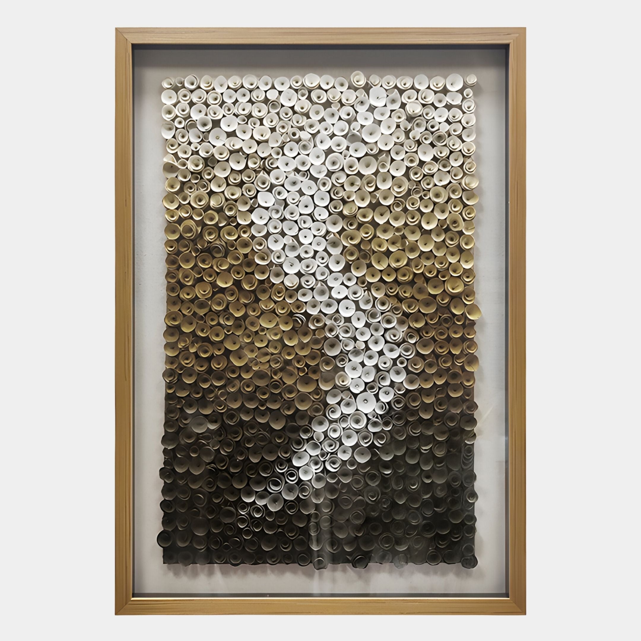 The Spiravale Gold Gradient Floral Curl 3D Wall Art by Giant Sculptures features rolled paper tubes in white, beige, brown, and black forming an abstract vertical design on a gold gradient—ideal handmade wood wall decor.