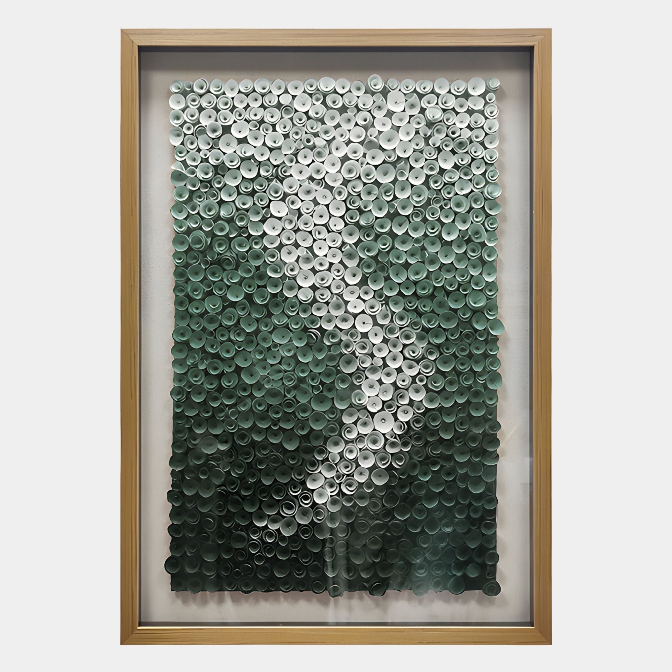 The Spiravale Green Gradient Floral Curl 3D Wall Art by Giant Sculptures showcases rolled green and white paper tubes arranged vertically with a central white S-curve, creating a textured, abstract floral design.
