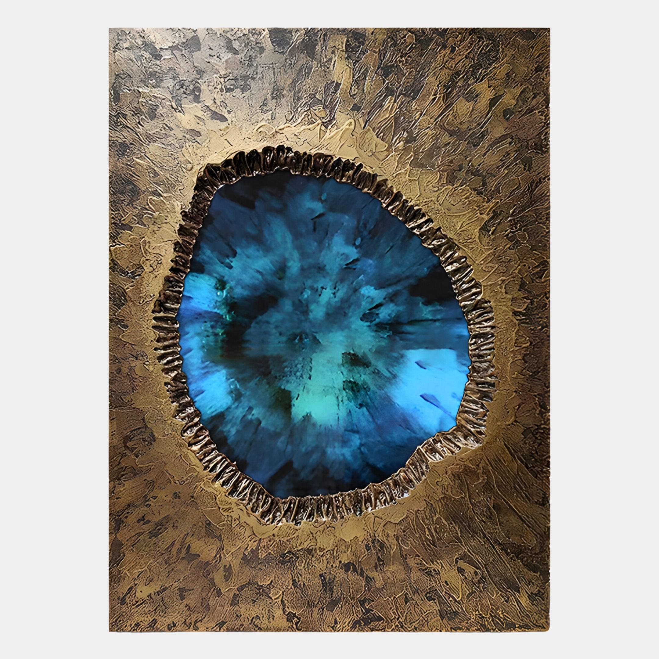 A textured, metallic brown surface with a jagged-edged opening reveals vibrant blue and green crystals, reminiscent of the Vorthera Sapphire Burst Textured Gold 3D Wall Art by Giant Sculptures.