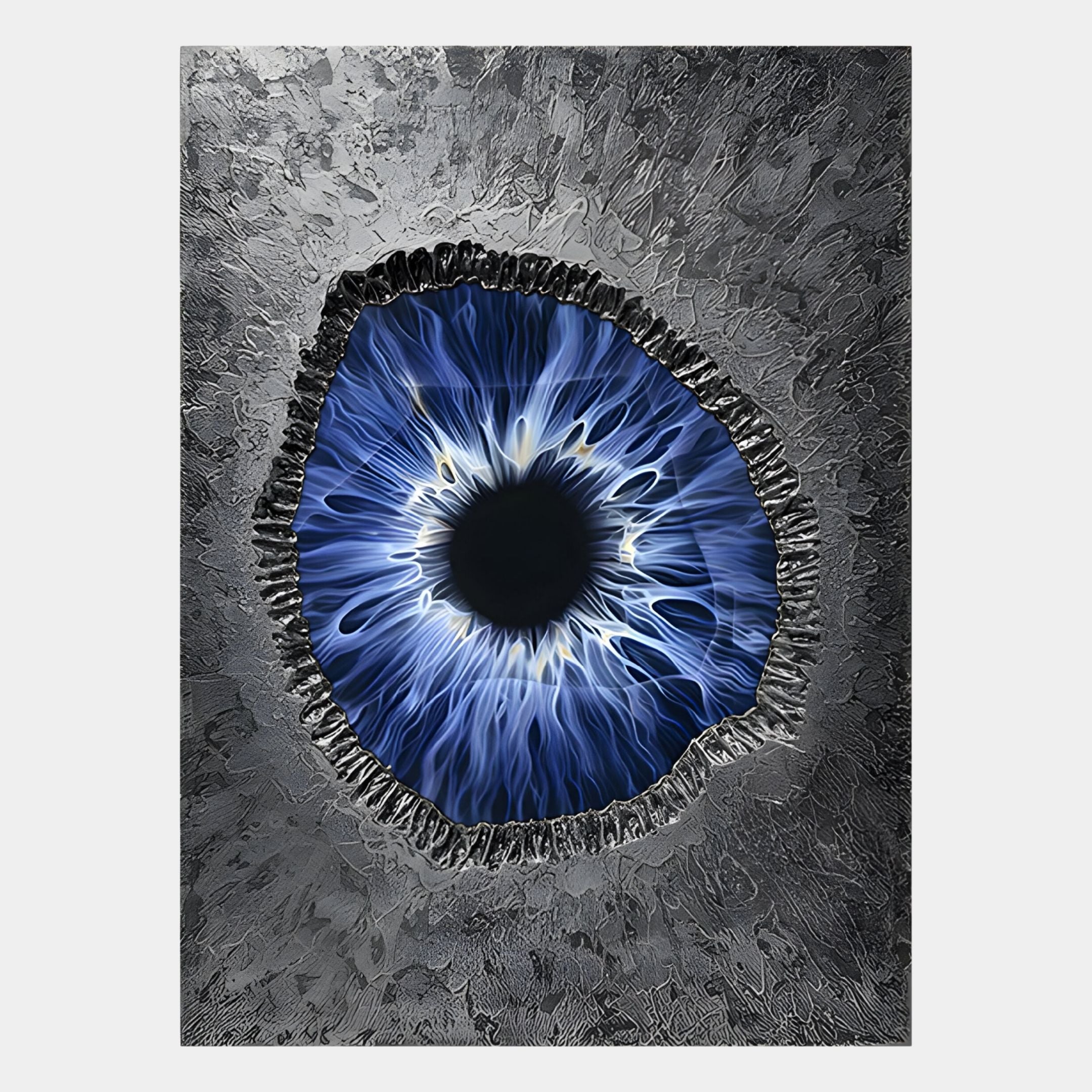 The Vorthera Midnight Iris Textured Silver 3D Wall Art by Giant Sculptures showcases a bold, abstract eye with a glowing blue iris and textured metallic gray patterns—an intense, cosmic piece perfect for contemporary wall decor.