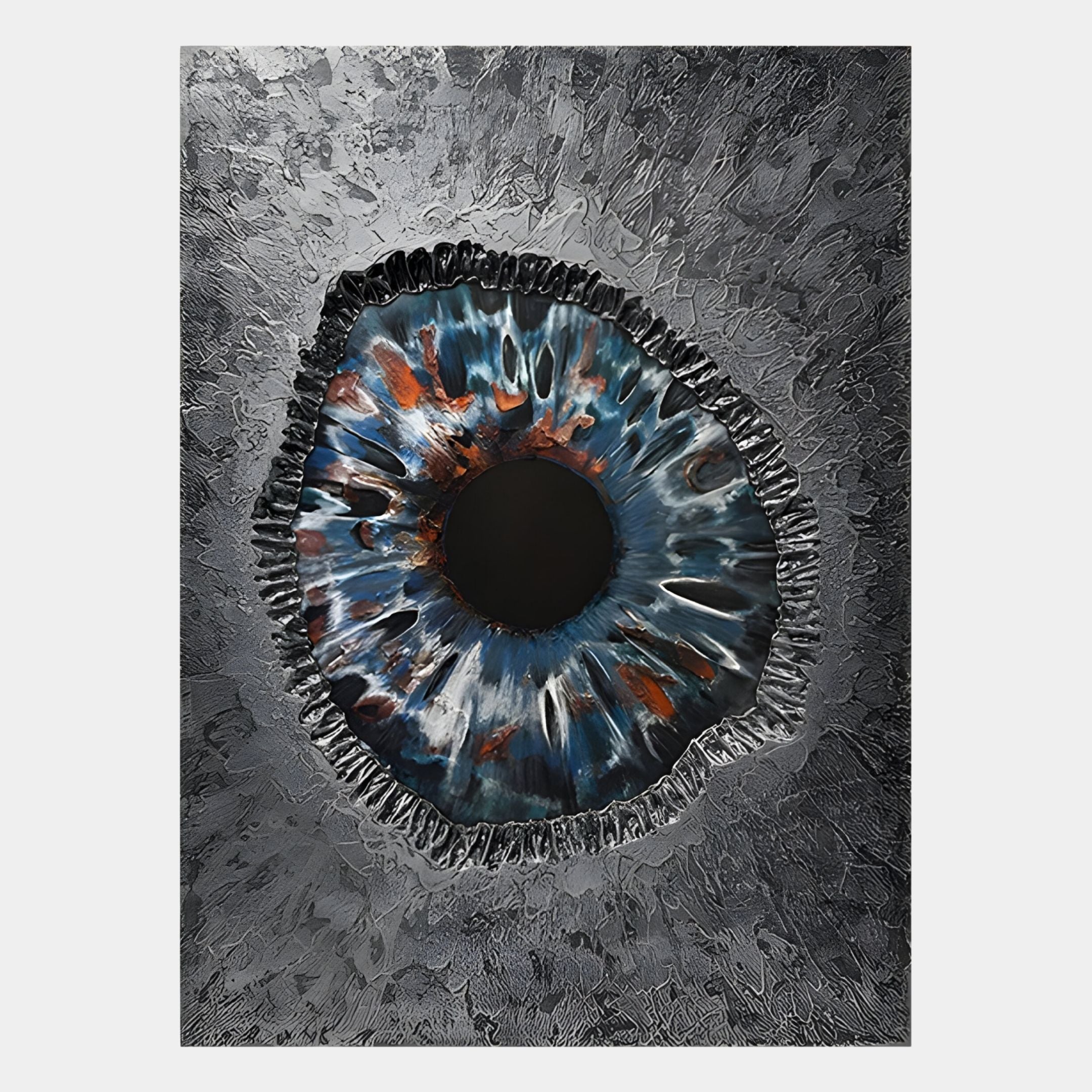 The Vorthera Steel Rift Textured Silver 3D Wall Art by Giant Sculptures features an eye-like design with a dark center and blue, white, and rust streaks on a silver-gray background—perfect for modern interiors.