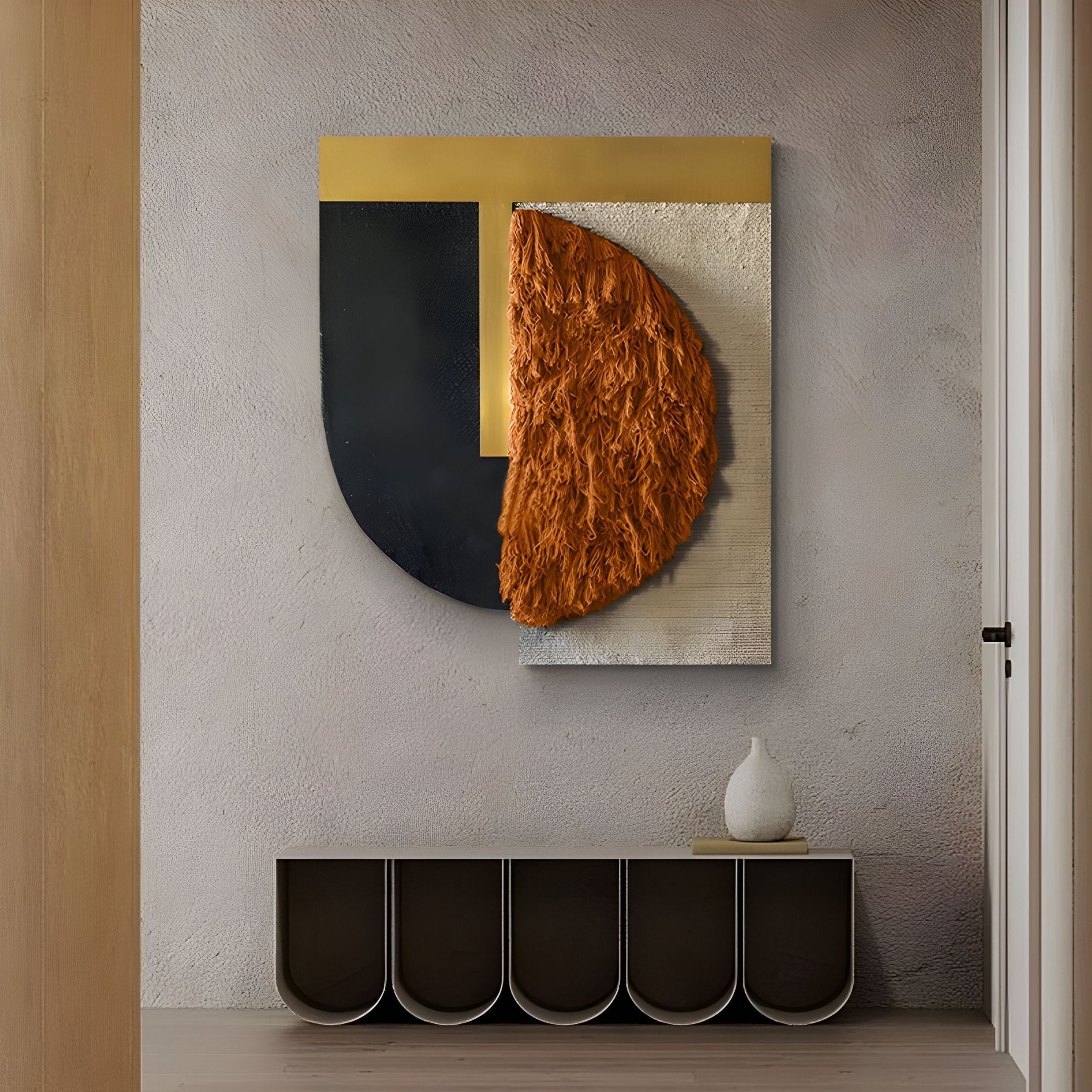 The Halvoria Black & Terracotta Fibre Shield 3D Wall Art by Giant Sculptures features geometric shapes in black, gold, white, and a textured orange semi-circle, complemented by a modern curved bench with a white vase.