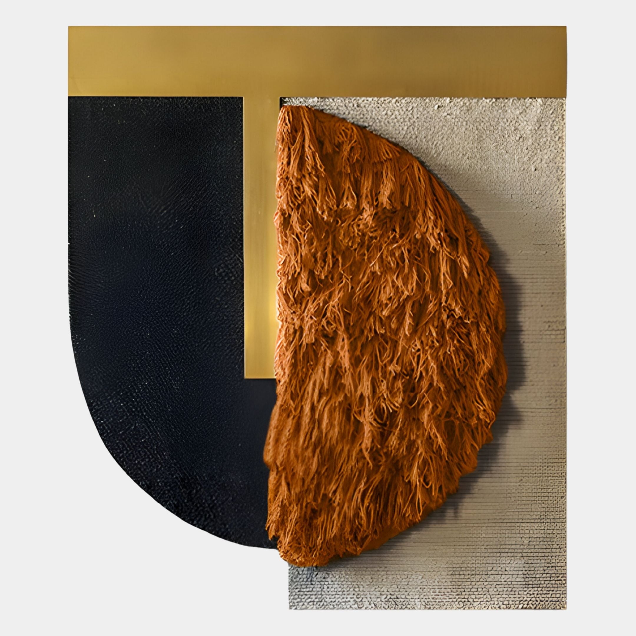 The Halvoria Black & Terracotta Fibre Shield 3D Wall Art by Giant Sculptures features a gold T-shape, textured black semi-circle, and orange feathery half-oval on off-white, creating bold geometric and tactile contrasts for modern spaces.