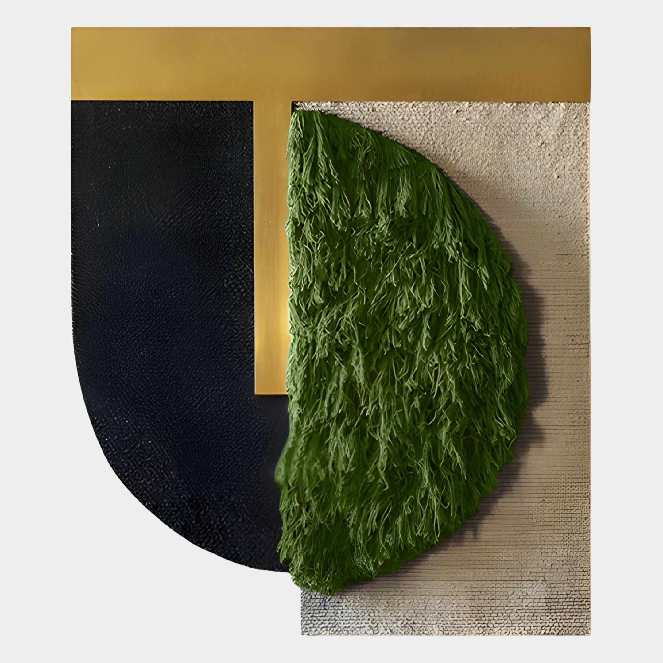 The Halvoria Black & Forest Green Fibre Shield 3D Wall Art by Giant Sculptures showcases geometric forms—a black textured semi-circle, vertical gold rectangle, green half oval—set on a beige and light gray background.