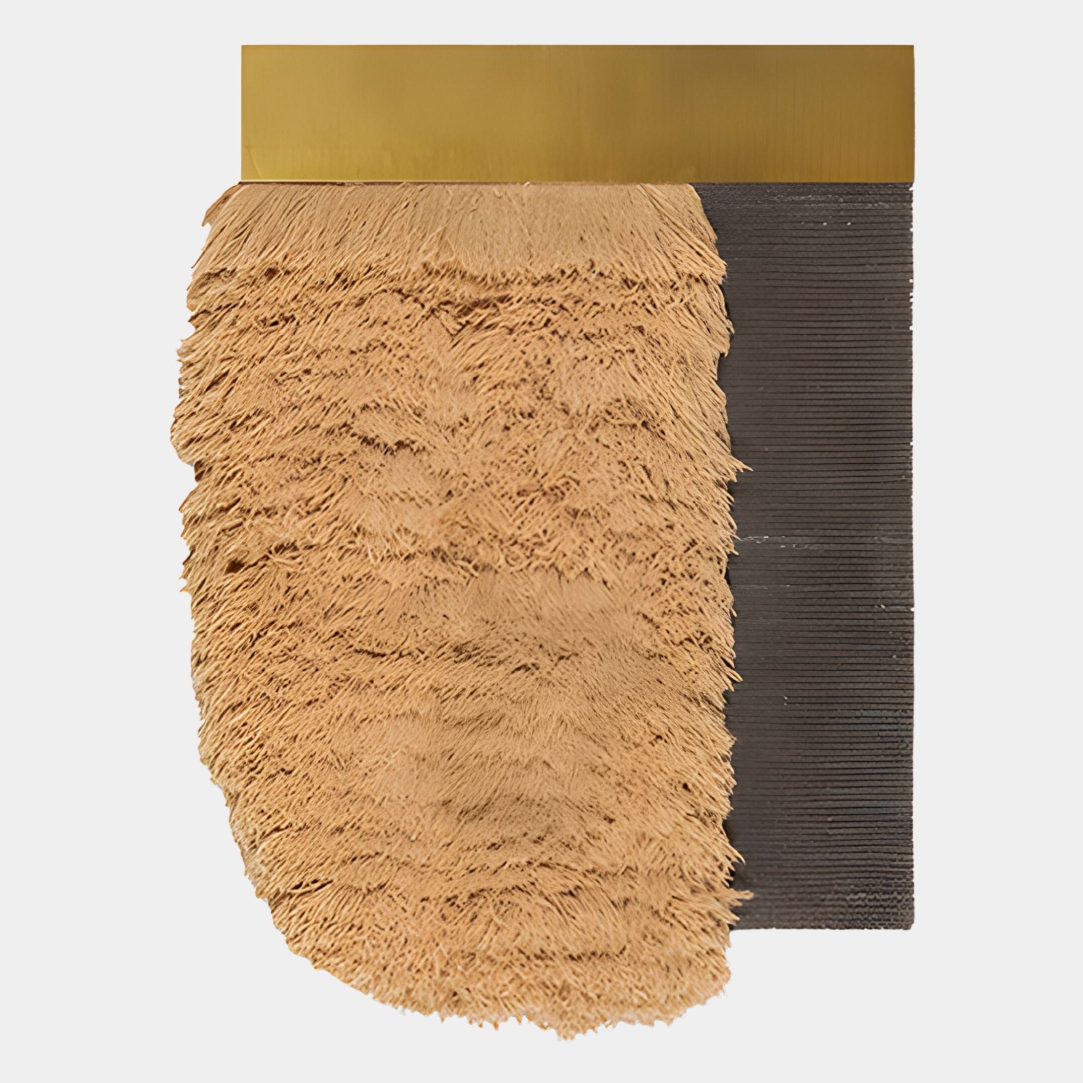 The Halvoria Grey & Sand Fibre Panel 3D Wall Art by Giant Sculptures showcases a textured sand surface over a ribbed dark background, accented with a horizontal gold metallic bar—ideal for adding contemporary style to your space.