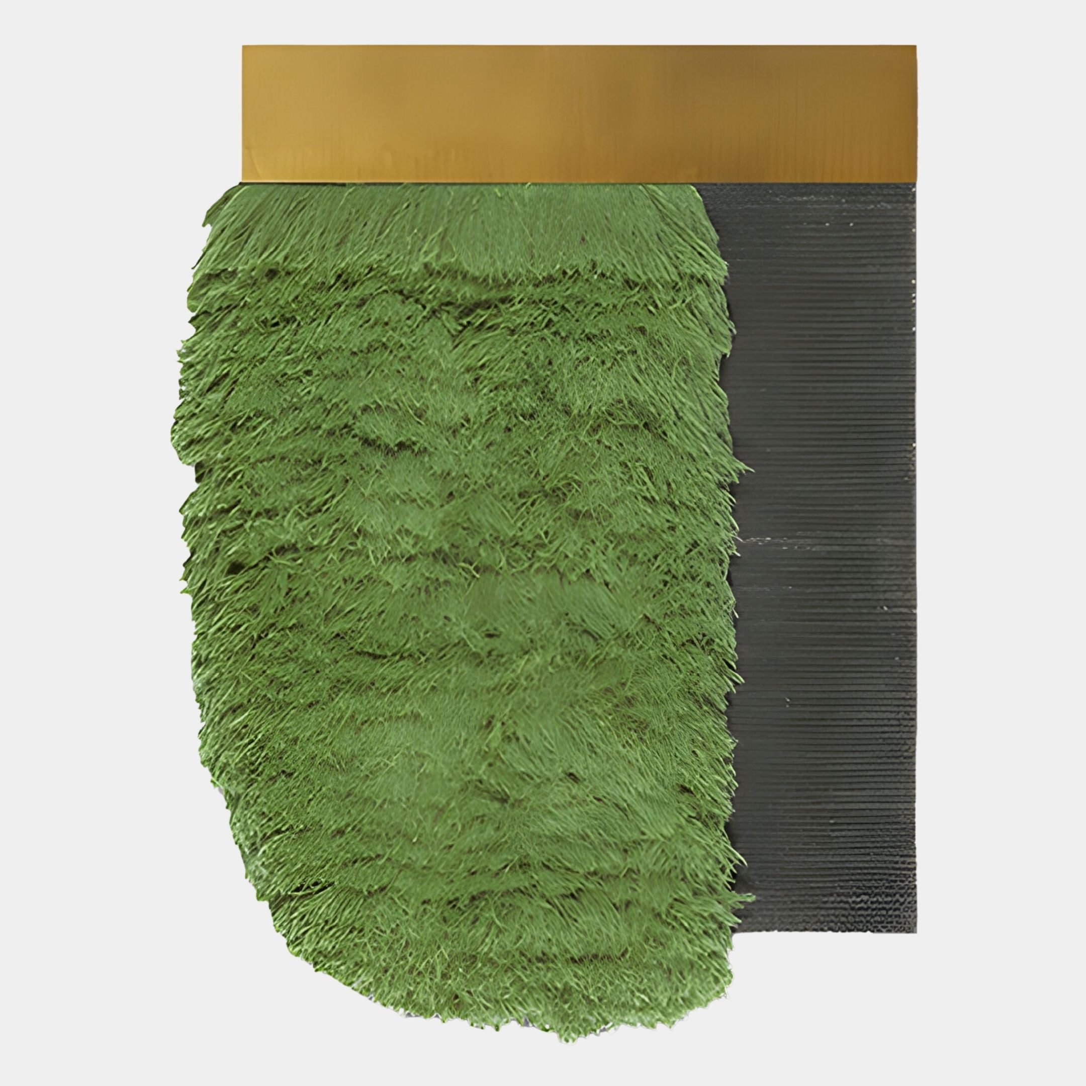 The Halvoria Grey & Sage Fibre Panel 3D Wall Art by Giant Sculptures features a half-circle of textured sage fibre beside a smooth grey ribbed surface, topped with a horizontal gold strip—ideal for modern spaces.