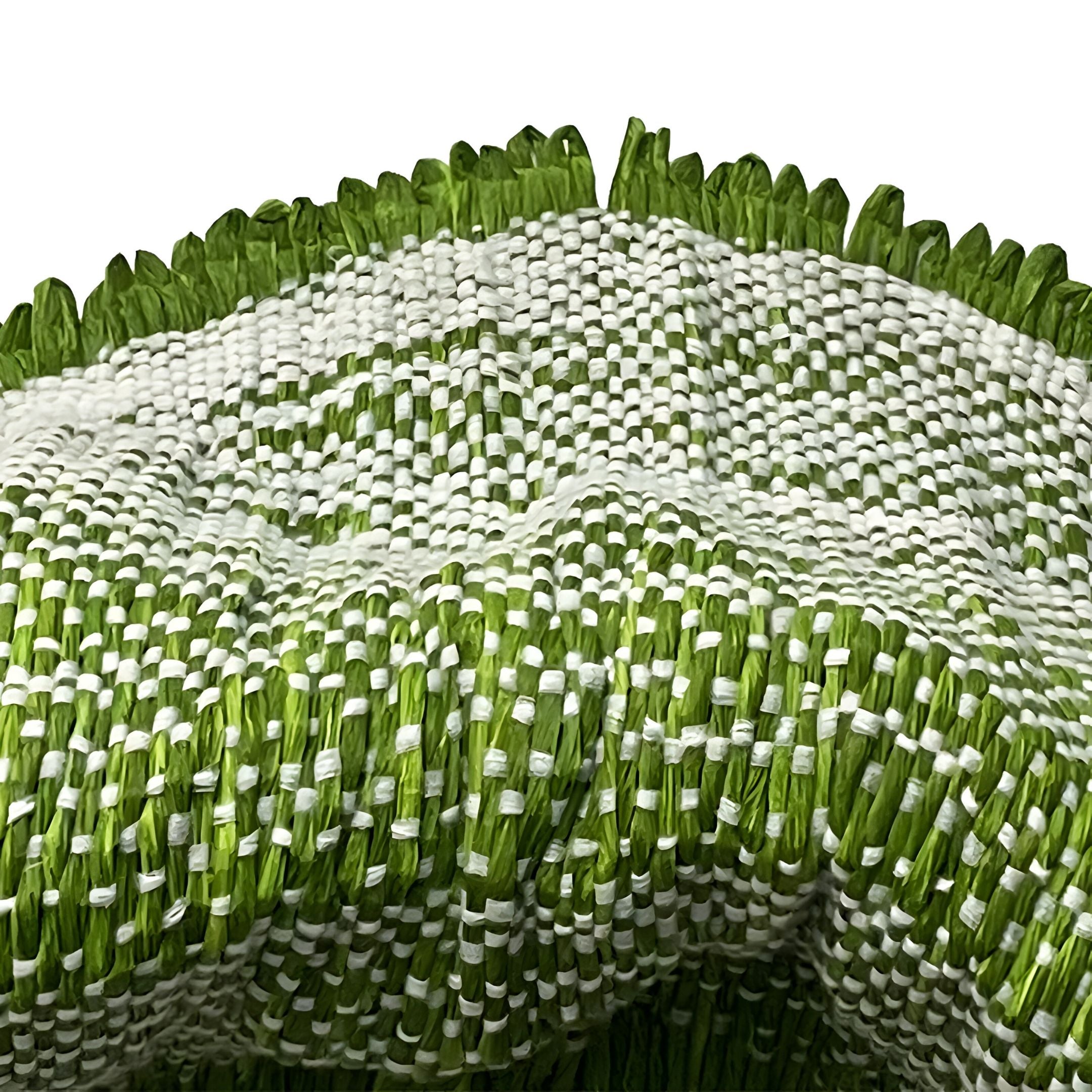 Close-up of the Lyronda Green Textured Woven 3D Wall Art by Giant Sculptures, featuring interlaced green and white strands in a sculptural pattern with slightly frayed edges set against a white background.