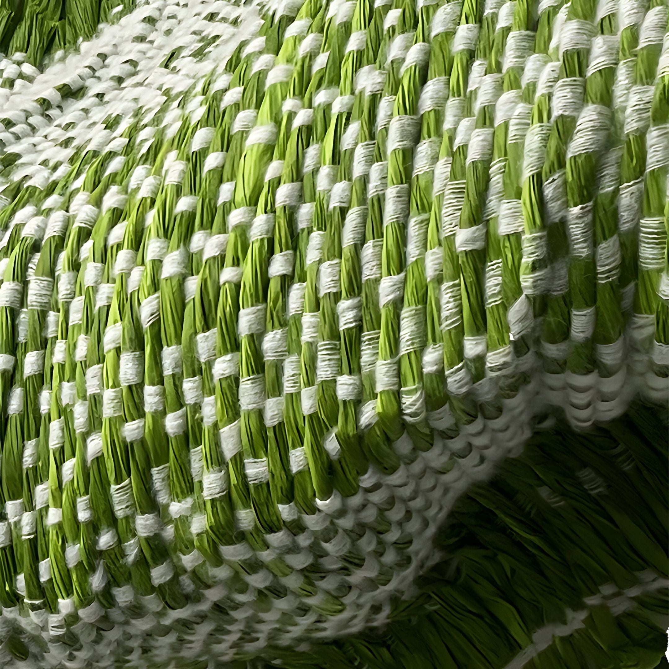 Close-up of Lyronda Green Textured Woven 3D Wall Art by Giant Sculptures, featuring green and white threads in a crisscross pattern for a sculptural, contemporary luxury feel.