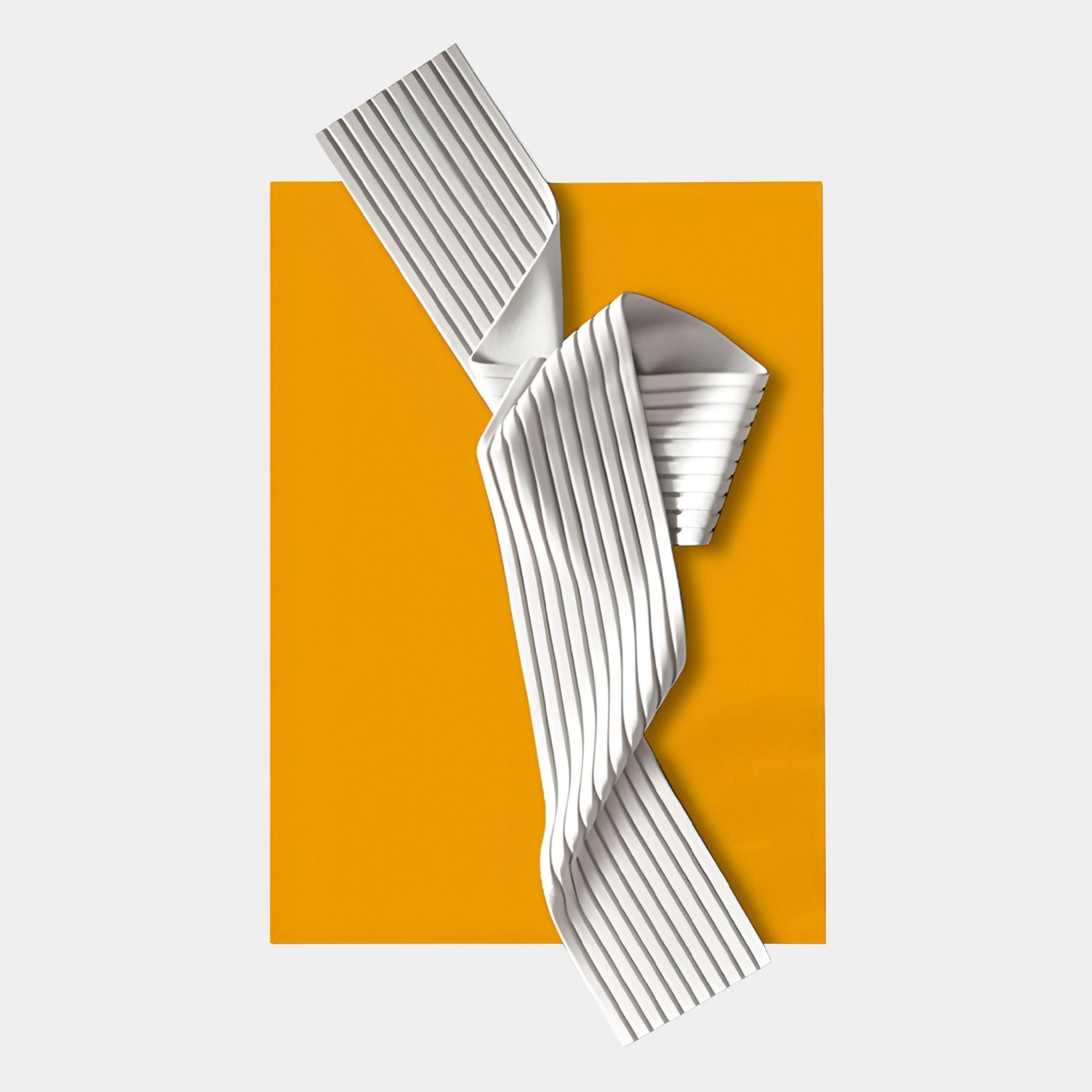 The Arcluma Marigold Folded Ribbon Leather 3D Wall Art by Giant Sculptures features a sculptural, white pleated ribbon twisting vertically over a vibrant yellow rectangle—ideal for contemporary minimalist decor or striking wall art.