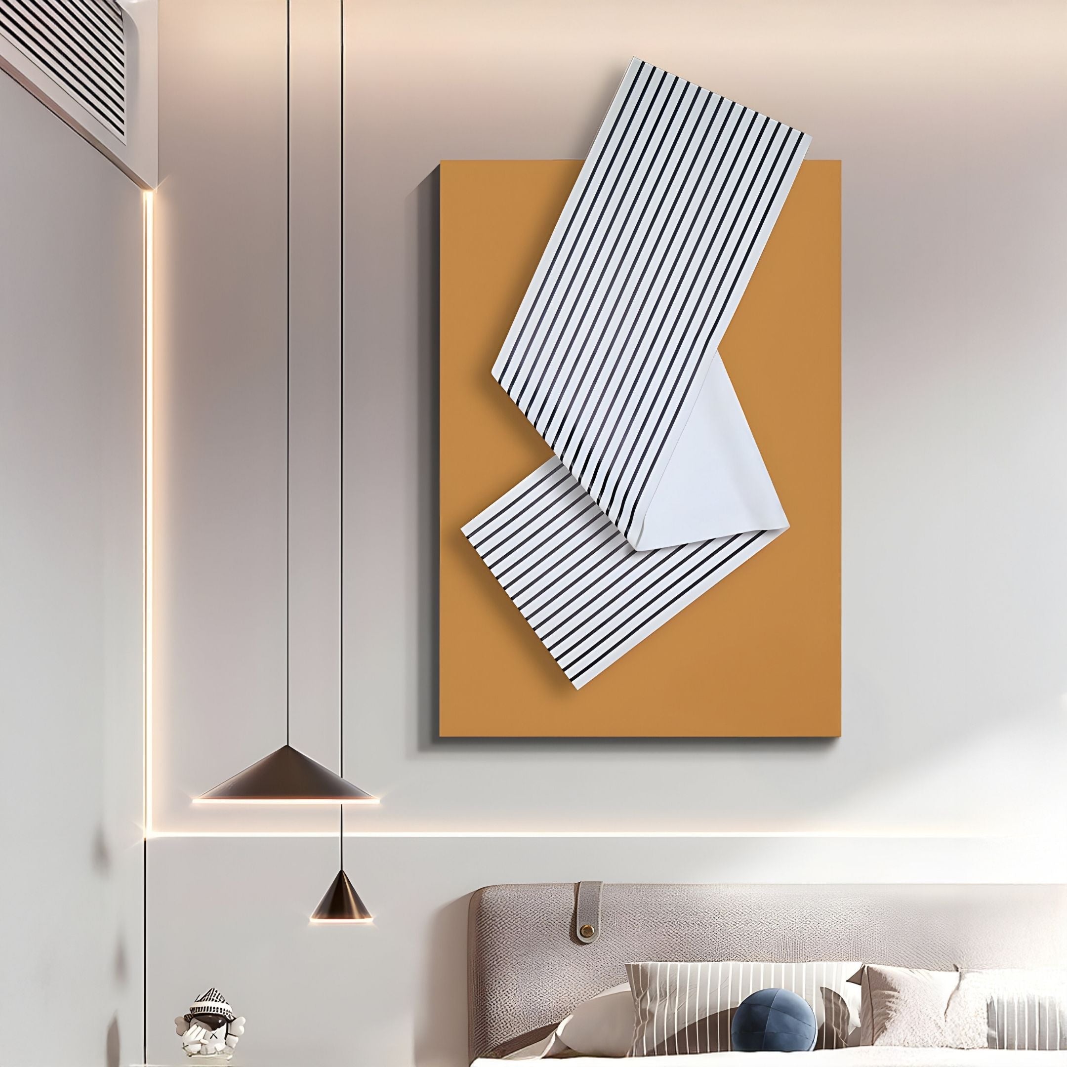 A modern bedroom features the Arcluma Amber Stripe Fold Leather 3D Wall Art by Giant Sculptures above a beige bed with pillows. Pendant lights add warmth, making it ideal for contemporary, minimalist interiors.