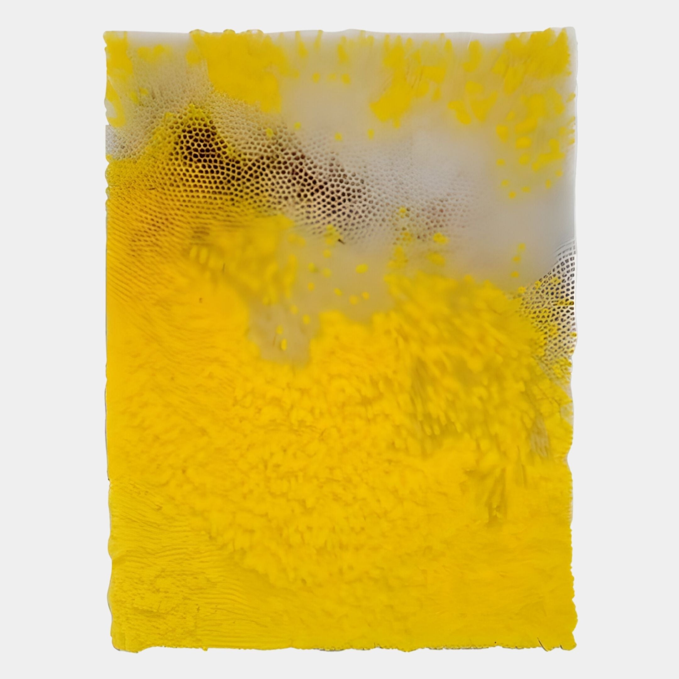 The Chromavolt Yellow Surge Straw 3D Wall Art by Giant Sculptures features vibrant yellow and white tones with textured, cloud-like patterns and hexagonal dot clusters, adding dynamic, layered style to any modern interior.